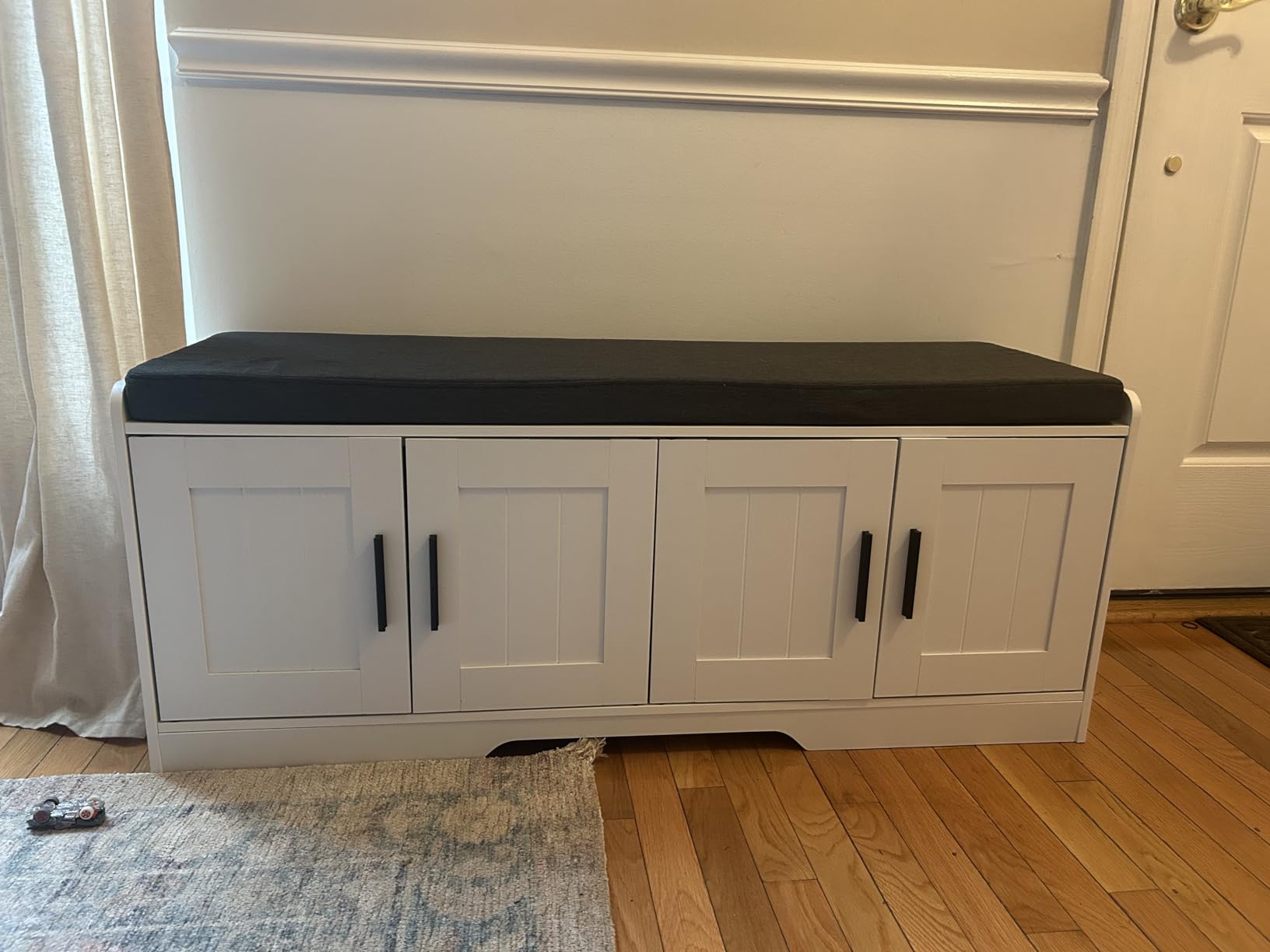 Homleke 2-Tier Storage Bench, Shoe Bench with Thickened Padded Seat Cushion, Entryway Bench with 4 Doors, Adjustable Shelf, 13.8