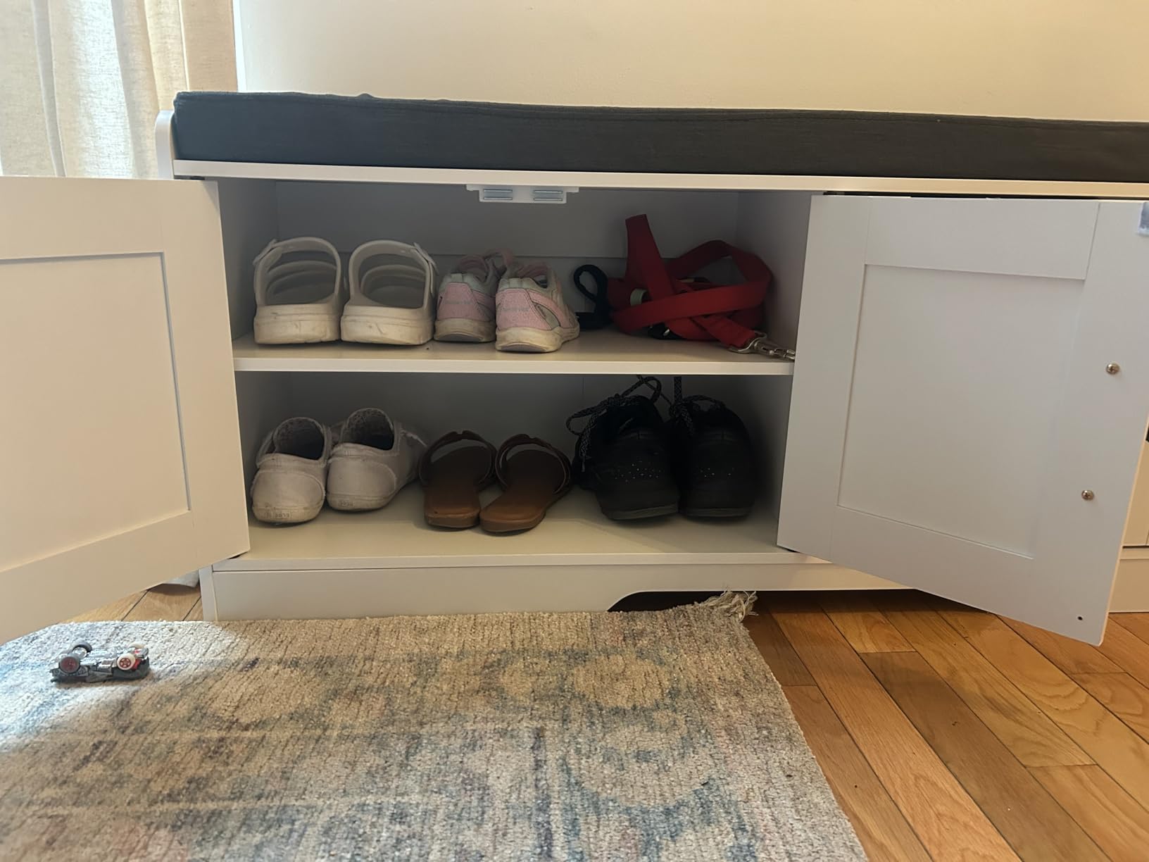Homleke 2-Tier Storage Bench, Shoe Bench with Thickened Padded Seat Cushion, Entryway Bench with 4 Doors, Adjustable Shelf, 13.8