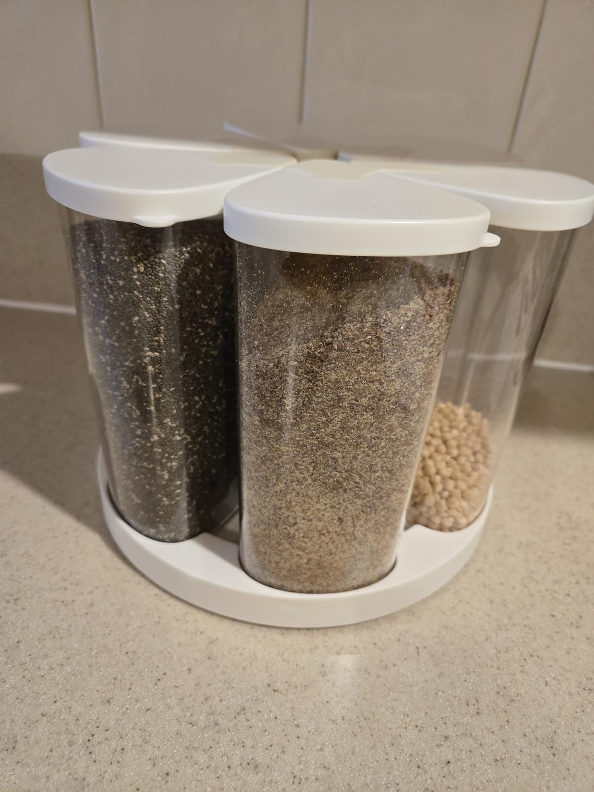 LivLab Mker 5-10 lbs Rice Dispenser - Rotating Cereal dispenser countertop for Pantry - Small Food Storage Containers with Lids, BPA-Free PET Grain Canister Sets 6 Grids, for Oats, Corn Flakes, flour customer photo 1