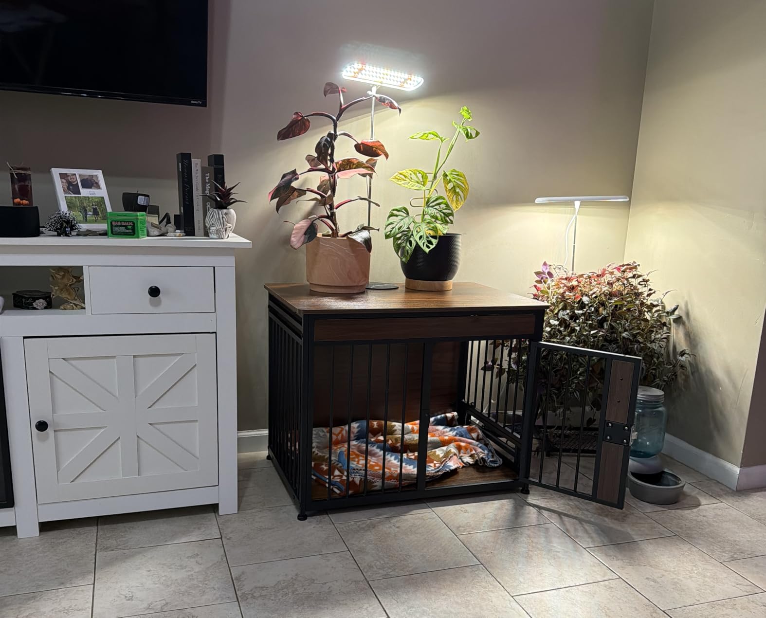Amazon Basics Furniture Style Dog Crate, Sturdy Wooden Pet Kennel, End Table with Space for Pet, Two Bowls Included, 30