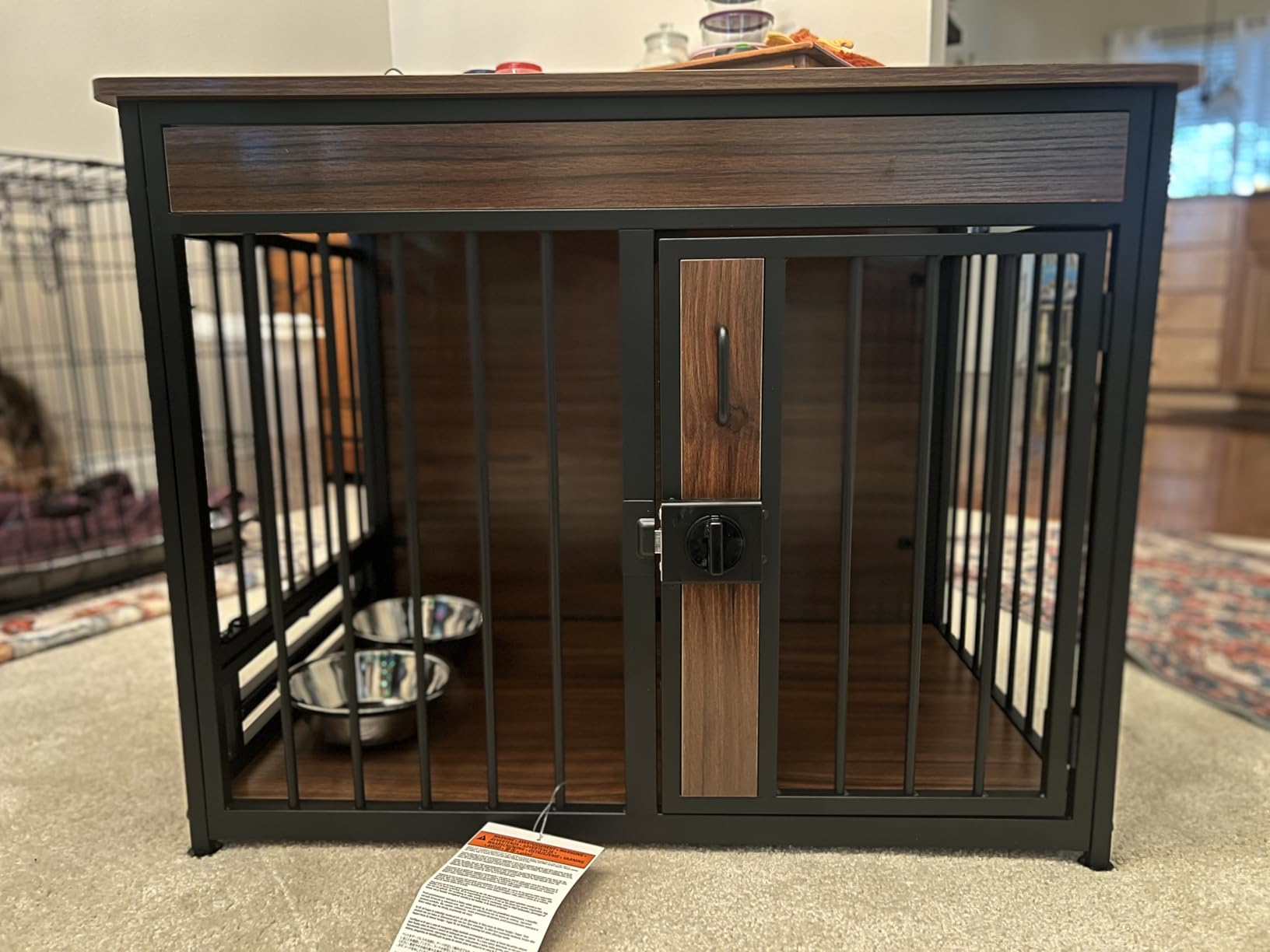 Amazon Basics Furniture Style Dog Crate, Sturdy Wooden Pet Kennel, End Table with Space for Pet, Two Bowls Included, 30