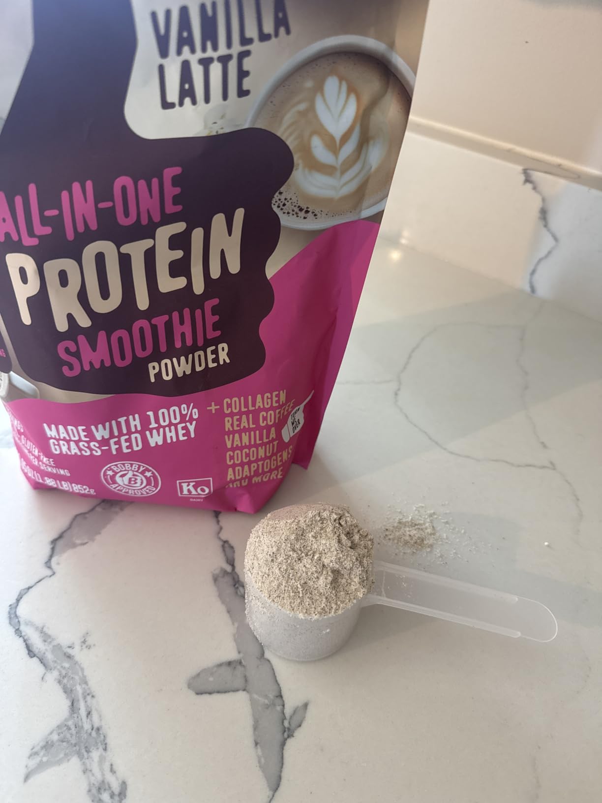 FlavCity All in One Protein Shake Powder, Vanilla Latte - 60mg Caffeine + Collagen Peptides, Reishi & Cordyceps - Focus, Skin, Hair & Joint Support - 100% Grass Fed Whey, 20 Servings customer photo 1