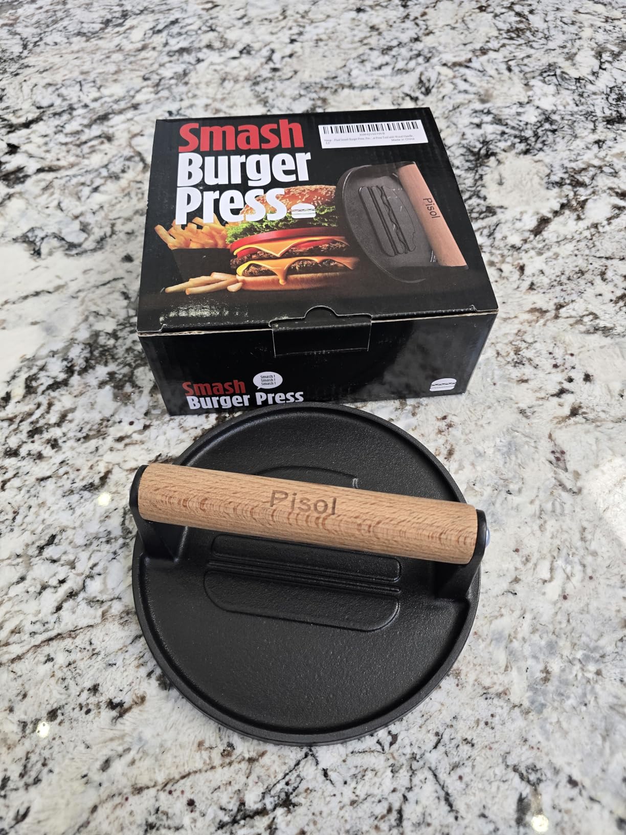 Pisol Smash Burger Press, Pre-Seasoned Cast Iron Hamburger Smasher, 2 lb Heavy-Duty Grill Bacon Meat Press Tool with Wood Handle, 6.6