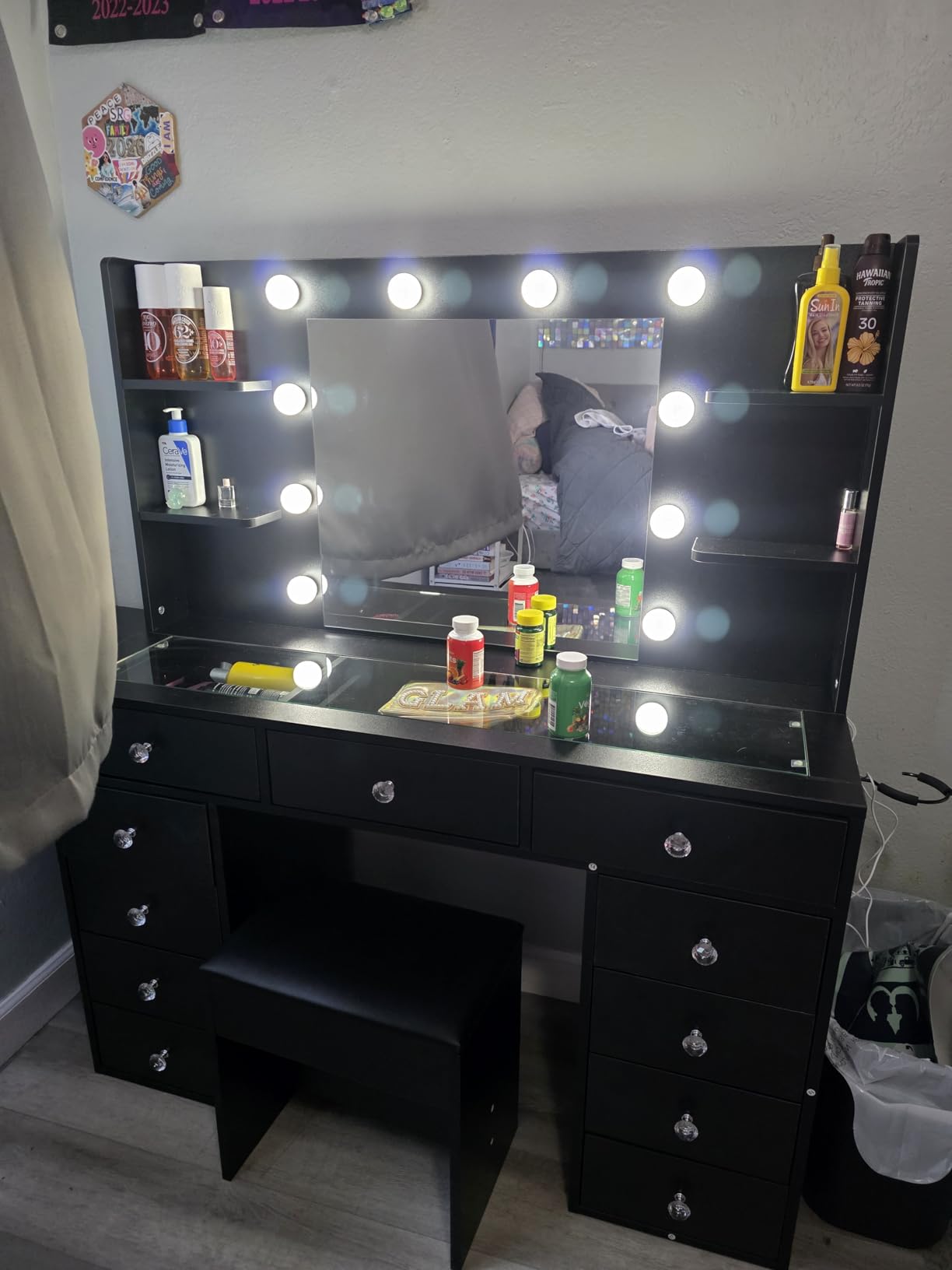 Vanity with Mirror and 10 LED Lights, Vanity Desk with Power Outlet, Makeup Vanity with 12 Drawers and 2 Cabinets, Fold-up Panel, Glass Top Vanity Table with Chair for Bedroom, White customer photo 1
