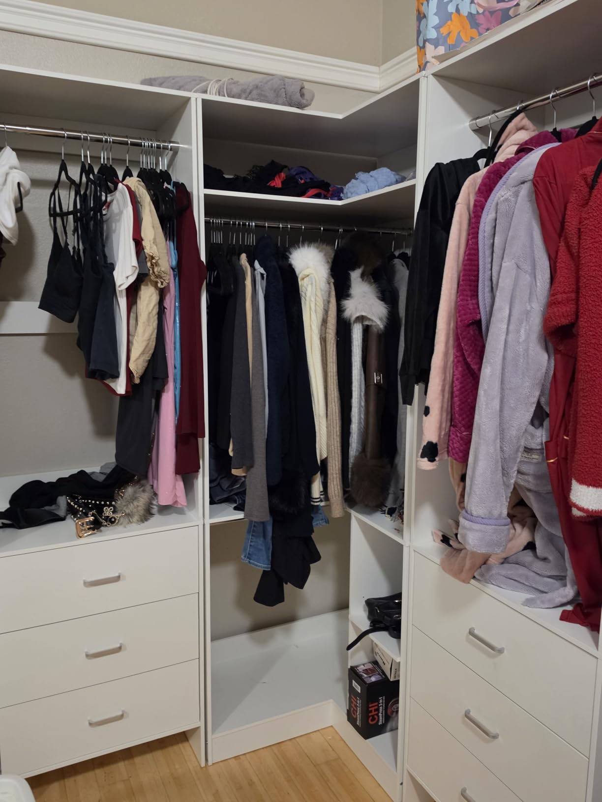 Aheaplus Closet System with 6 Drawers, 4 Hanging Rods & Corner Tower, Corner Closet System with Hanging, 92.6