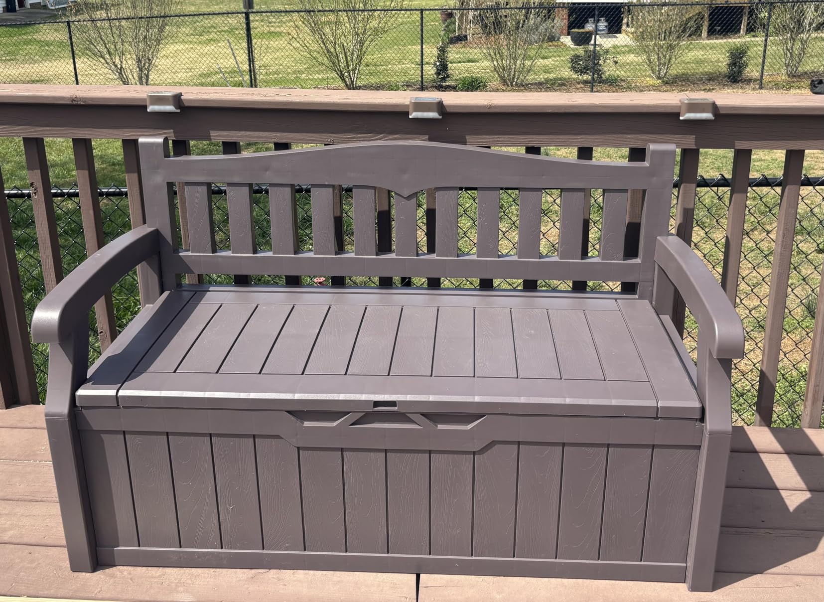 Flamaker 80 Gallon Storage Bench Outdoor Indoor, Durable All-Weather Seating with Hidden Storage, Lockable Deck Box for Garden, Patio, Poolside (Brown) customer photo 1