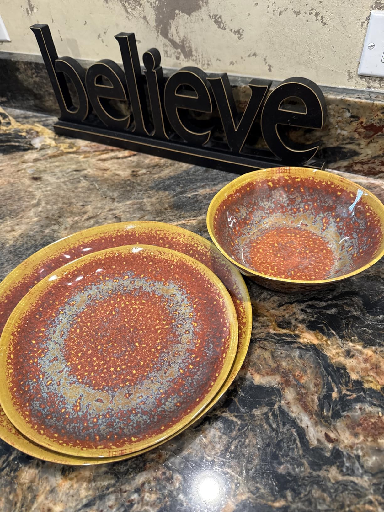 FINE&NICE Melamine Dinnerware Set of 12Pcs, Dish Set for 4, Lightweight Unbreakable Plate and Bowl Set for Patio, RV and Camping, Dishwasher Safe,Rusty Brown customer photo 1