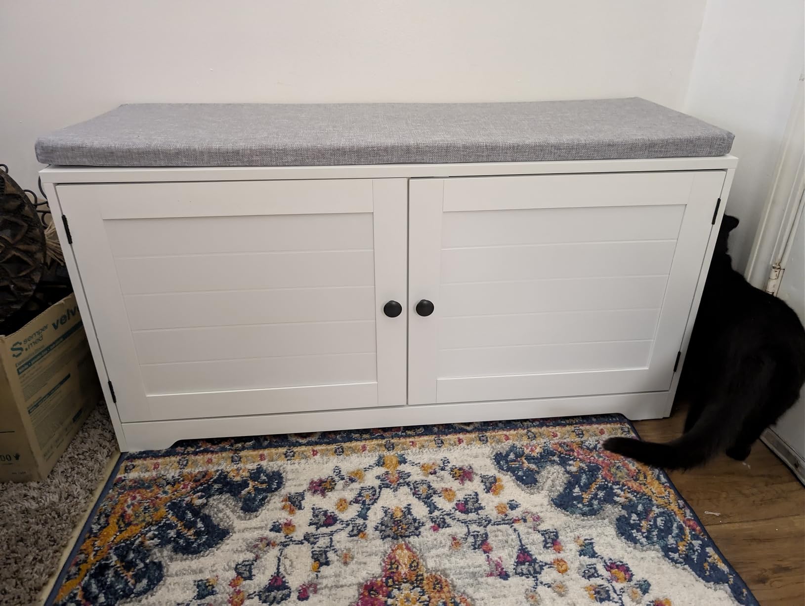 VASAGLE Shoe Storage Bench with Cushion, 3-Tier Entryway Bench with Padded Seat, Doors, Adjustable Shelves, 14 x 39.8 x 20.7 Inches, for Hallway, Bedroom, Cloud White and Dove Gray ULSB044W01 customer photo 1