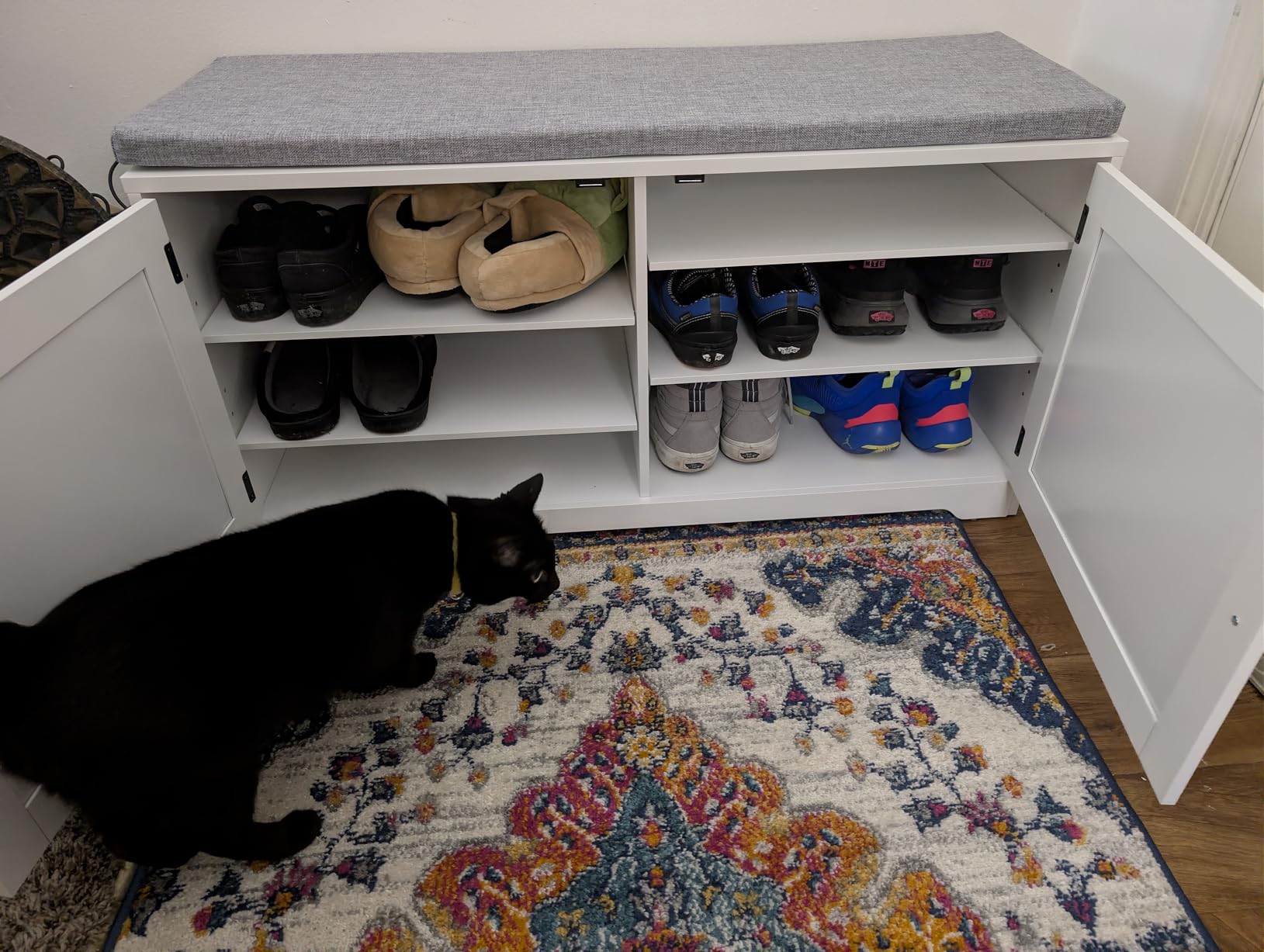 VASAGLE Shoe Storage Bench with Cushion, 3-Tier Entryway Bench with Padded Seat, Doors, Adjustable Shelves, 14 x 39.8 x 20.7 Inches, for Hallway, Bedroom, Cloud White and Dove Gray ULSB044W01 customer photo 2