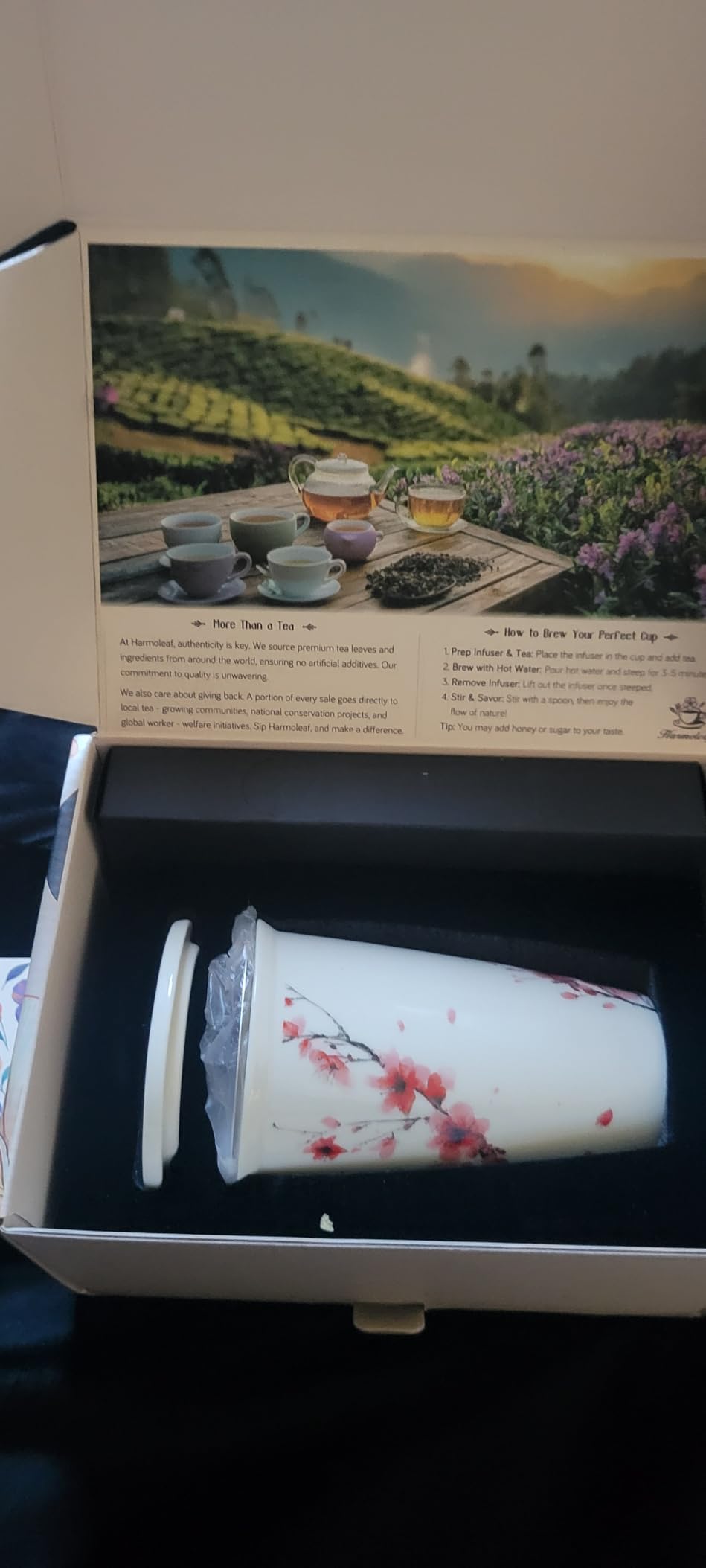 Harmoleaf Tea Gift Set for Women - 6 Herbal Loose Leaf Tea Blends, Insulated Ceramic Cup with Infuser & Lid | Birthday, Mother's Day, Anniversary & Retirement Gift for Her customer photo 2