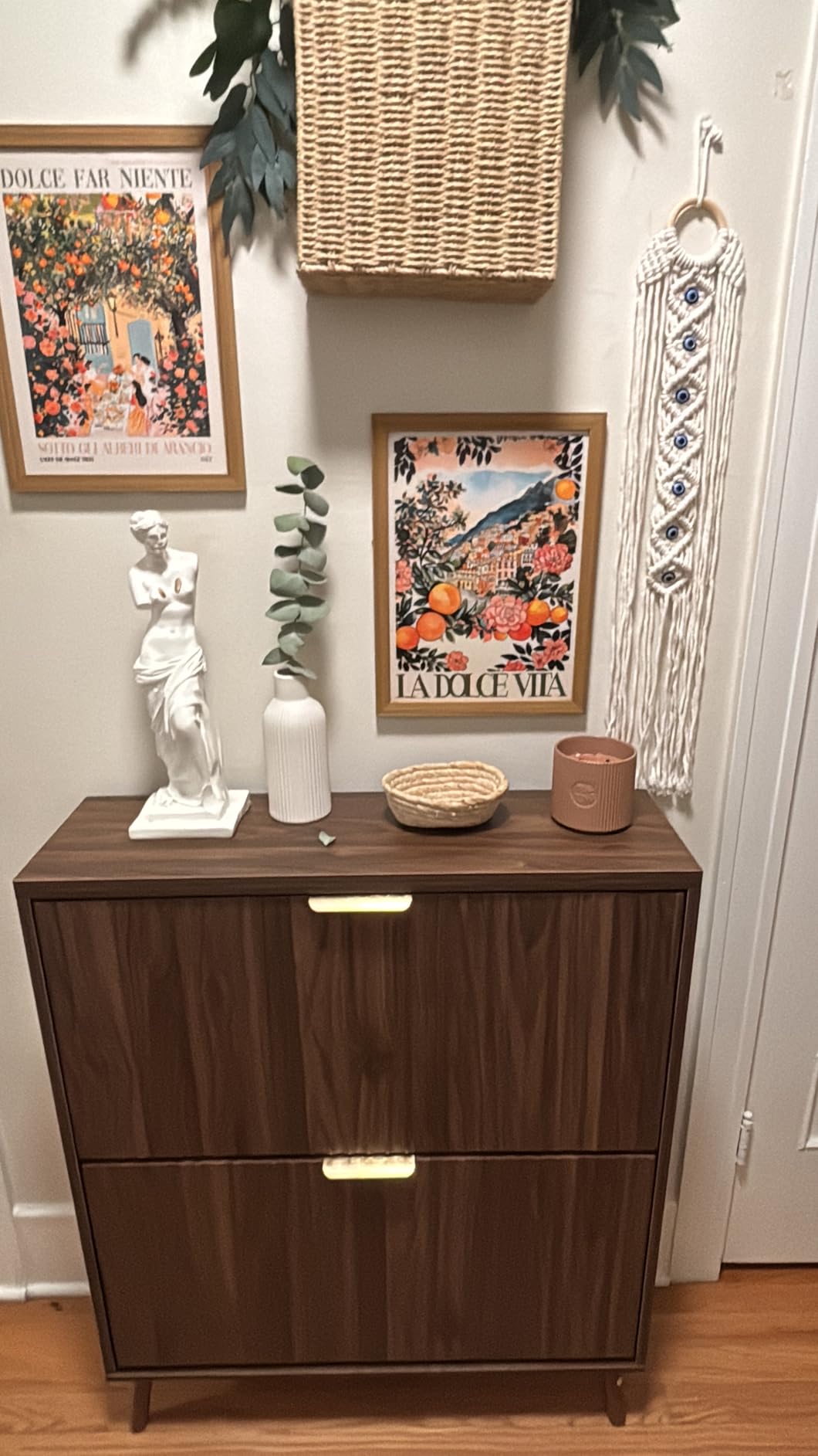 Shoe Cabinet Storage, Modern Freestanding Organizer with 2 Flip Drawers, Narrow Shoe Rack Cabinet for Entryway, Walnut customer photo 1