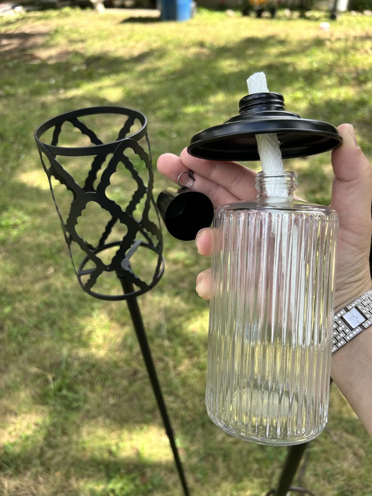 4 Pack Glass Citronella Torches, 16 oz Garden Torches for Outside, 55 inch Outdoor Clear Glass Citronella Torches with 3-Prong Grounded Stake customer photo 2