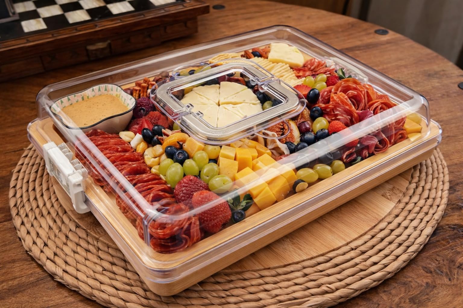 CAWIU Portable Travel Charcuterie Board with Lid and Handle - Large Bamboo Cheese Board with 4 Cheese Knife Set for Outdoor, Picnics - Weddings, House Warming Gift for Women (6 Compartments, Black) customer photo 1