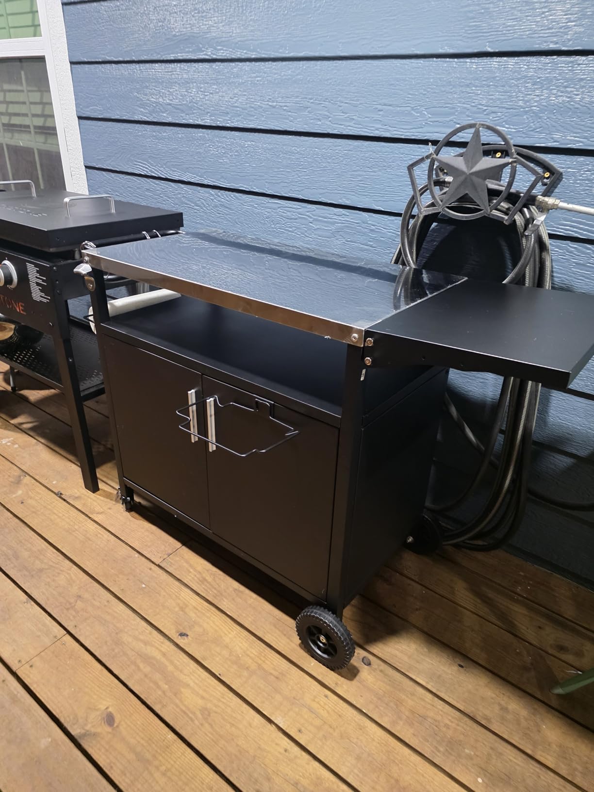 Vongrasig Grill Cart with Storage, Outdoor Bar Cart Rolling BBQ Movable Pizza Oven Table Stand with Foldable Stainless Steel Top & Storage Cabinet, Black customer photo 1