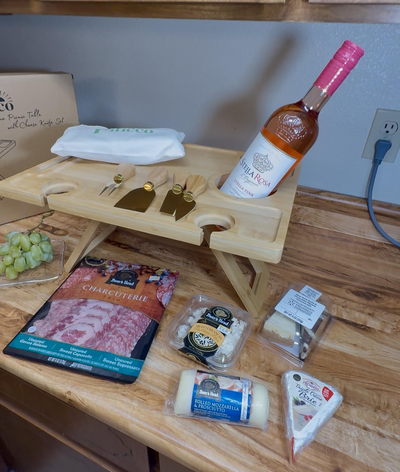 Charcuterie Picnic Table with Wine Glass Holder, Portable Wine & Cheese Board, 4-Piece Cheese Knife Set (Gold) w/Detachable Knife Stand, Bamboo Charcuterie Table, Hosting & Wine Gift customer photo 1