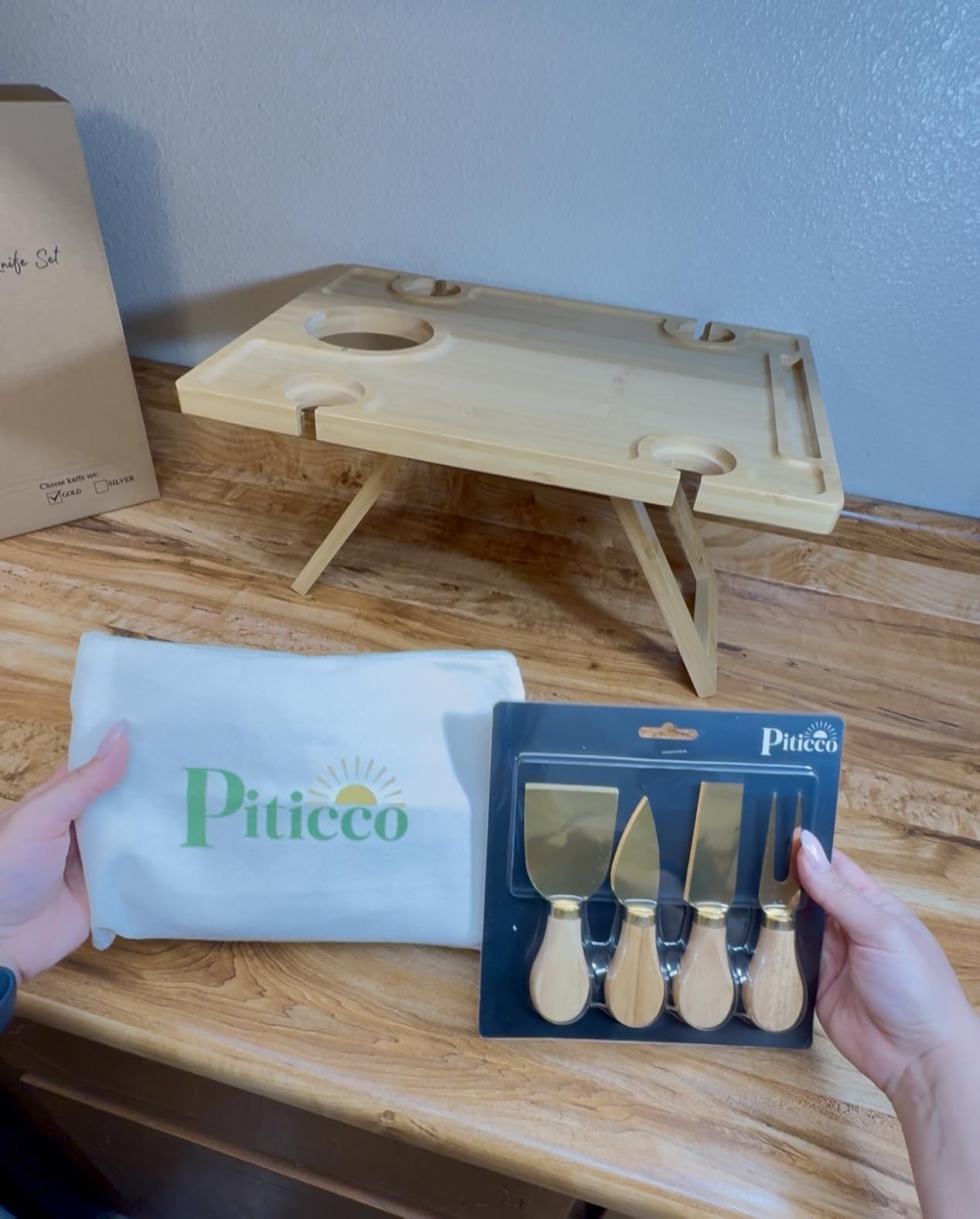 Charcuterie Picnic Table with Wine Glass Holder, Portable Wine & Cheese Board, 4-Piece Cheese Knife Set (Gold) w/Detachable Knife Stand, Bamboo Charcuterie Table, Hosting & Wine Gift customer photo 2
