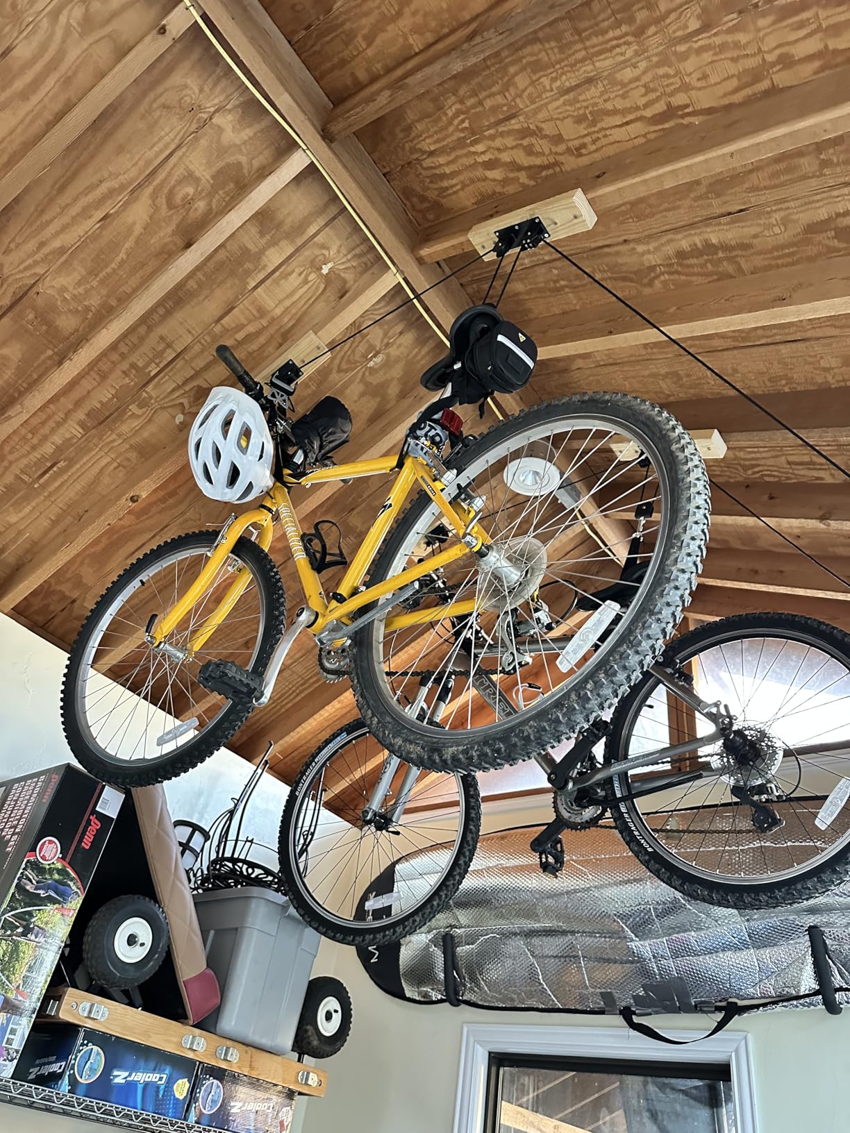 TRUSOON 2 Pack Bike Hoist, Heavy Duty Ebike Lift Pulley System for Garage Ceiling Overhead Storage for Bicycle, Ladders, Snowboard, Holds Up to 85 lbs Capacity, Fit 10-16 Foot High Ceilings customer photo 1