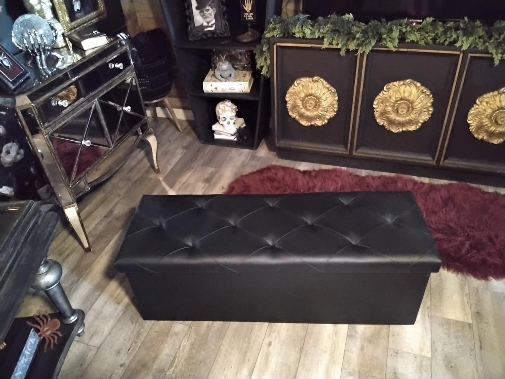 Sweetcrispy 43 Inches Folding Ottoman with Storage Bench, Foot Rest Stool, End of Bed Storage Bench Upholstered, Load 660 lbs, for Living Room, Lychee Grain Leather, Black customer photo 2