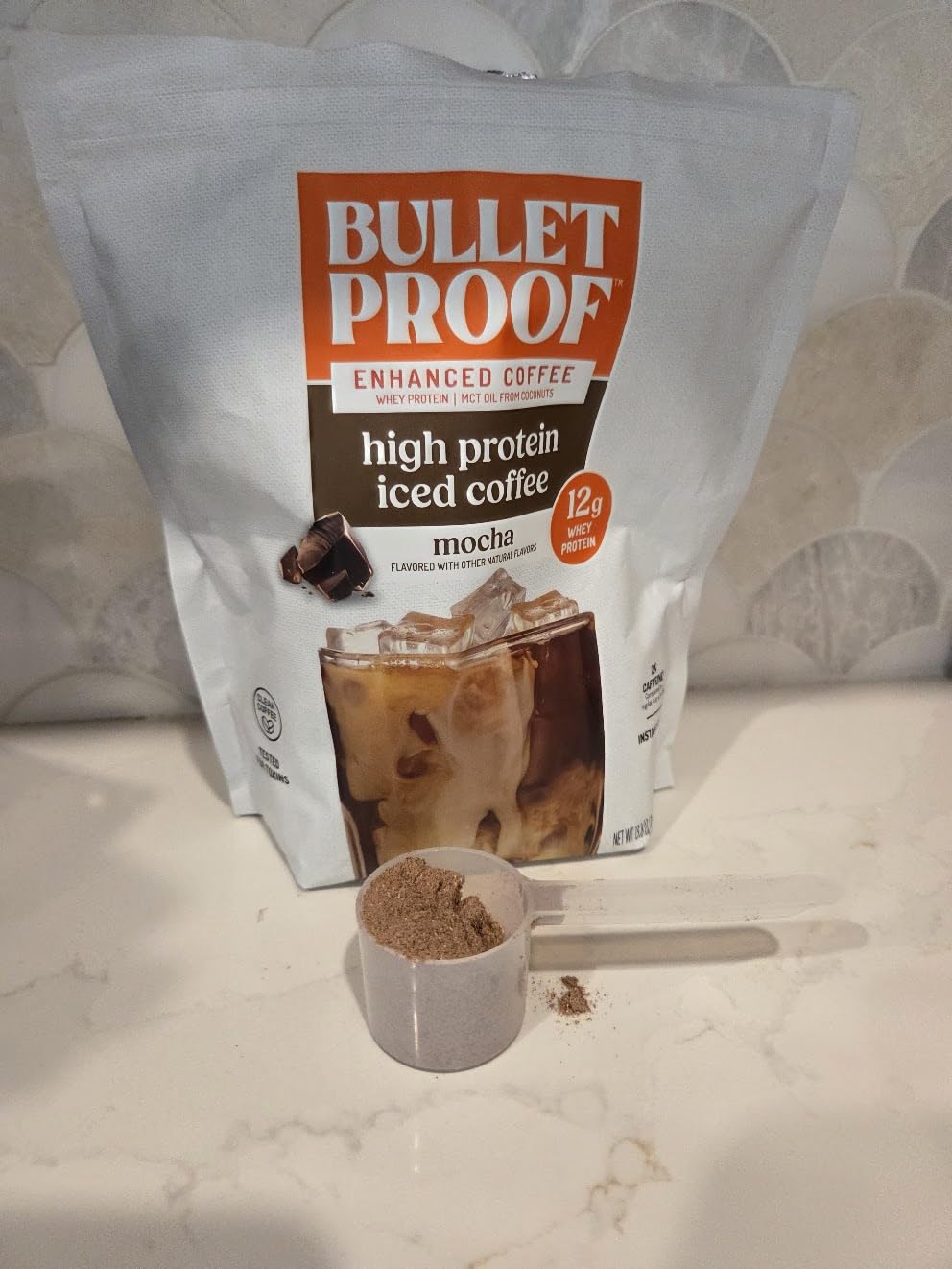 Bulletproof Iced Protein Coffee, Mocha, 12g Whey Protein + MCT Oil, 170mg Caffeine, Instant Coffee from Real Beans & Cocoa, Tested for Toxins, No Artificial Flavors & Sweeteners, 14 Servings customer photo 1