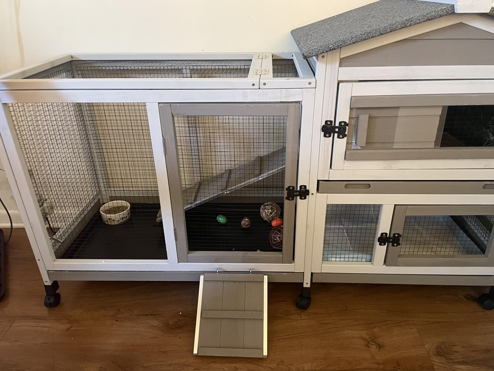 2 Story Rabbit Hutch Outdoor Indoor, Wooden Bunny Cage with 6 Lockable Wheels, 3 Removable No Leakage Pull Out Trays, Chew-Proof Ramp & Waterproof Roof, Ideal for Rabbit & Guinea Pig customer photo 2