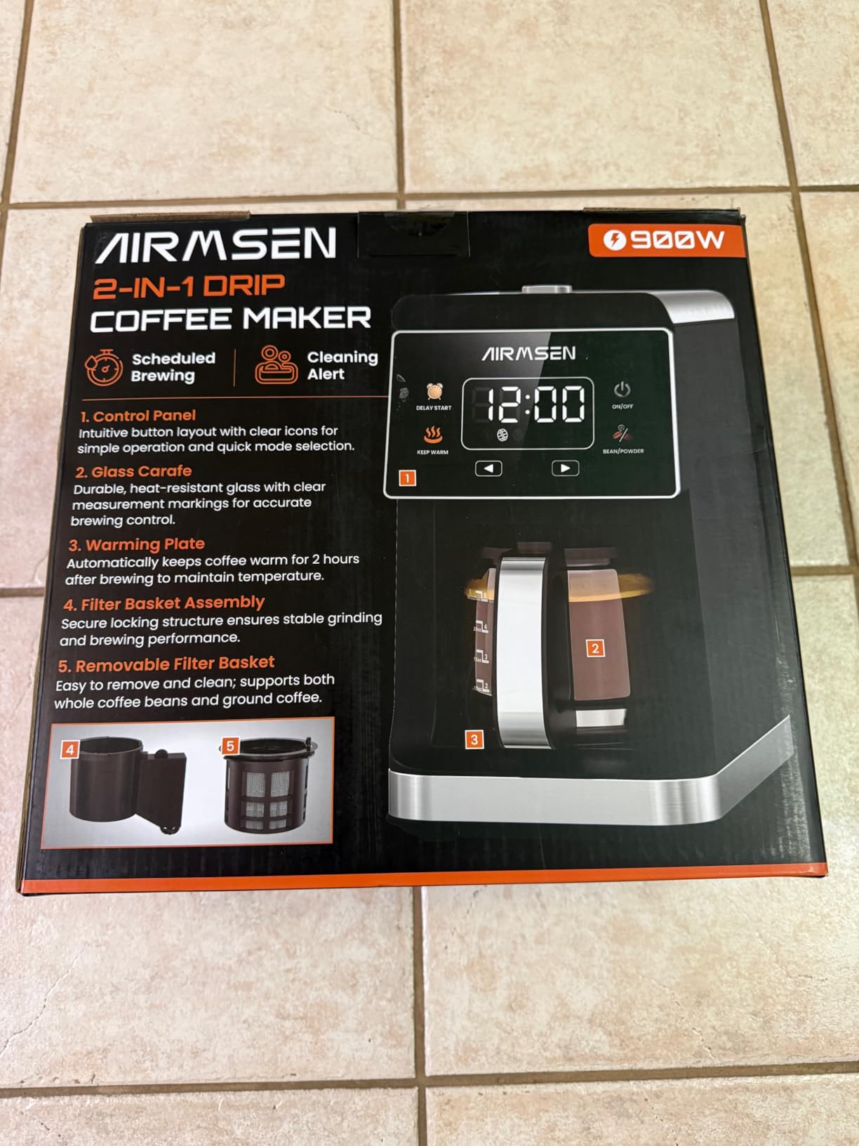 AIRMSEN Grind & Brew Coffee Maker with Built-in Grinder, Programmable Single Serve Coffee Maker - 5 Cup Capacity, 3 Grind Settings, Auto Keep Warm & Glass Carafe for Home and Office customer photo 2