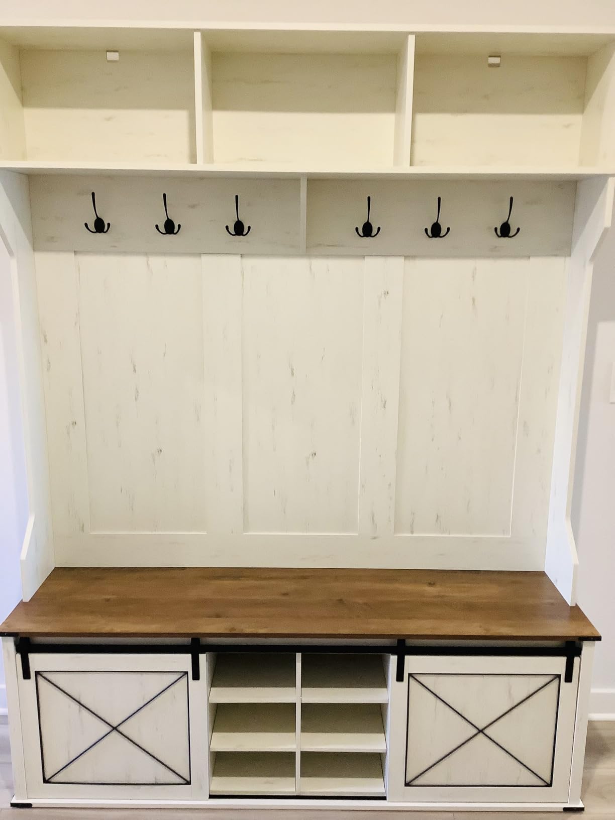 VASAGLE Hall Tree with Bench and Shoe Storage, Coat Rack with Shoe Bench, Entryway Furniture, 6 Tri-Hooks, Sliding Door, Farmhouse Style, Space Saving, Rustic White and Honey Brown UHSR442W01V1 customer photo 1