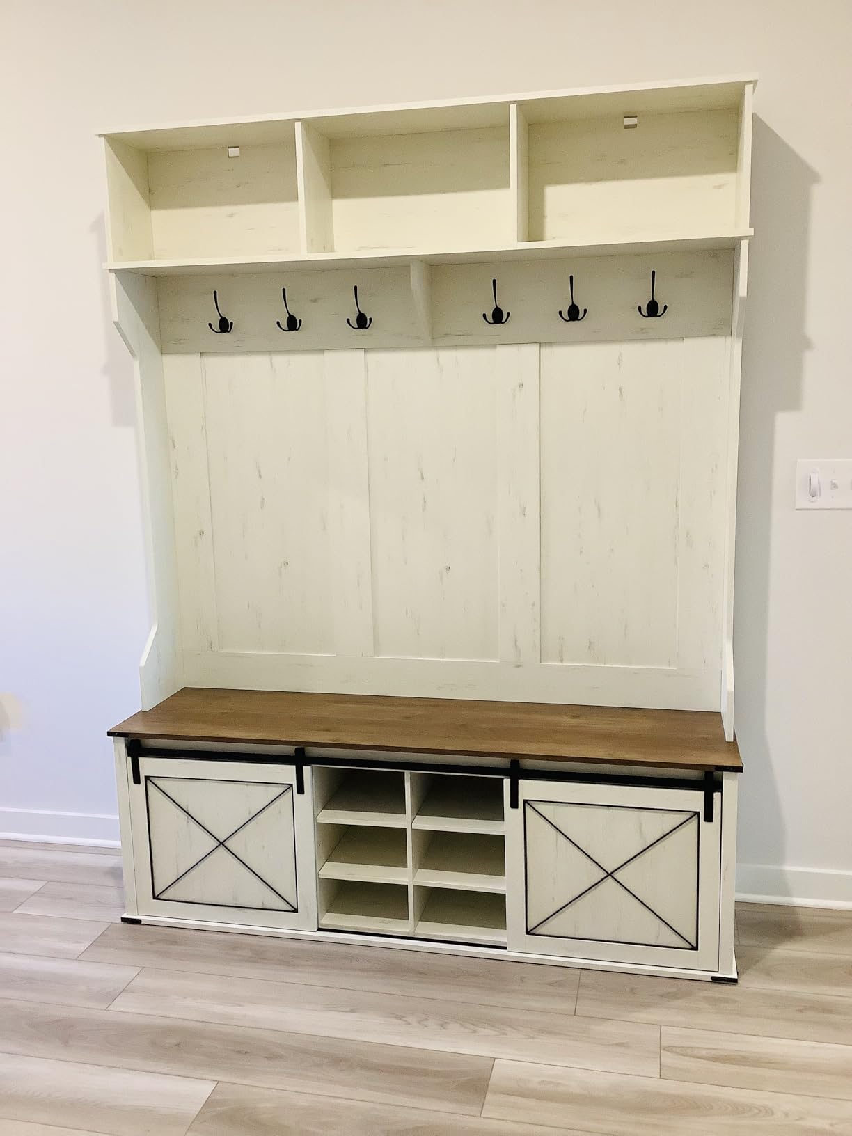 VASAGLE Hall Tree with Bench and Shoe Storage, Coat Rack with Shoe Bench, Entryway Furniture, 6 Tri-Hooks, Sliding Door, Farmhouse Style, Space Saving, Rustic White and Honey Brown UHSR442W01V1 customer photo 2