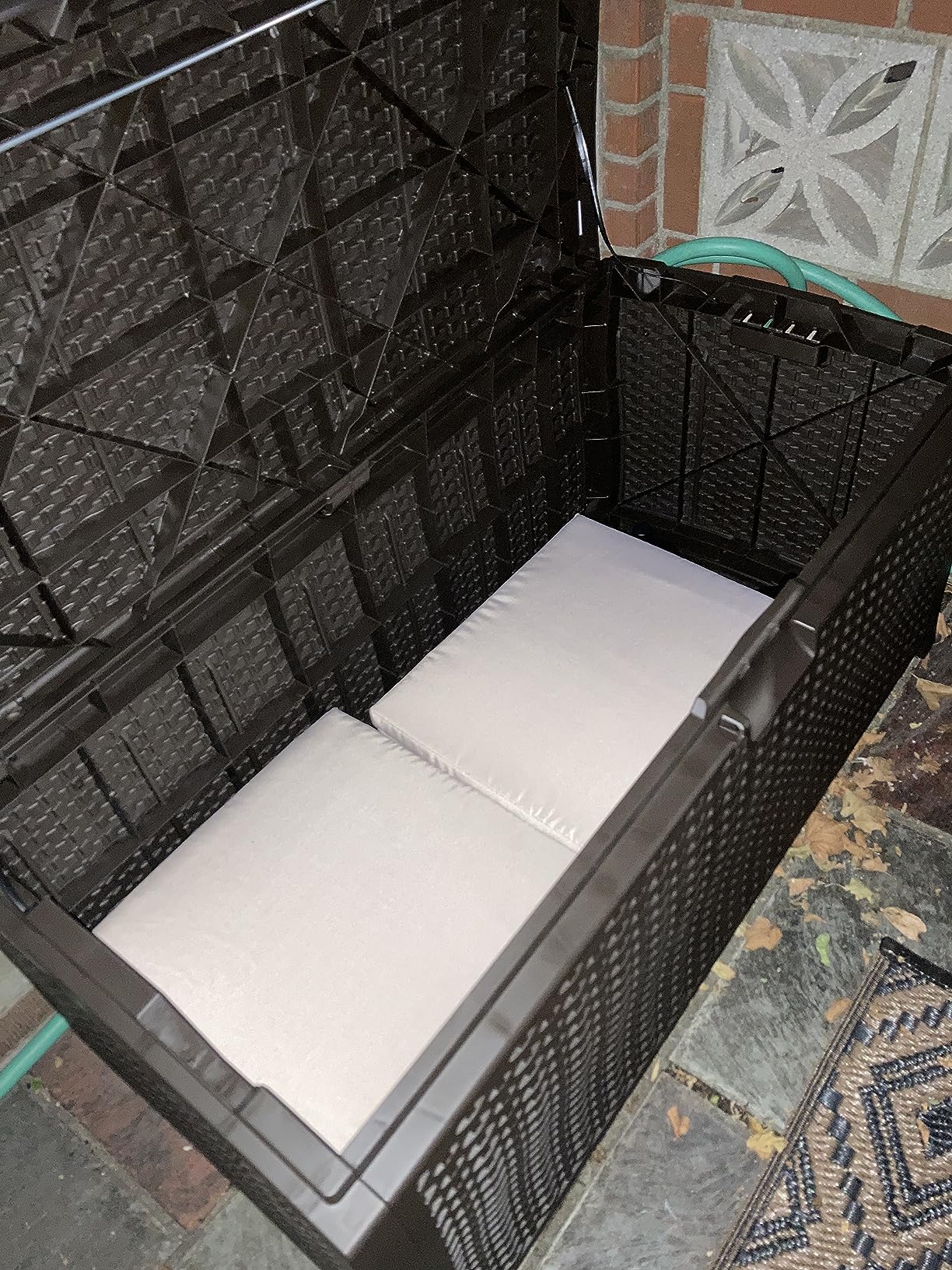 Suncast Outdoor Storage Box - 73 Gallon Mocha Brown Deck Box for Patio, weather-resistant Outdoor Storage Bench, Resin Wicker Style, Heavy-Duty, Lockable Lid customer photo 1