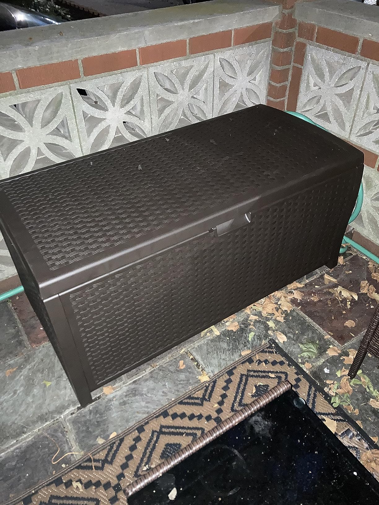 Suncast Outdoor Storage Box - 73 Gallon Mocha Brown Deck Box for Patio, weather-resistant Outdoor Storage Bench, Resin Wicker Style, Heavy-Duty, Lockable Lid customer photo 2
