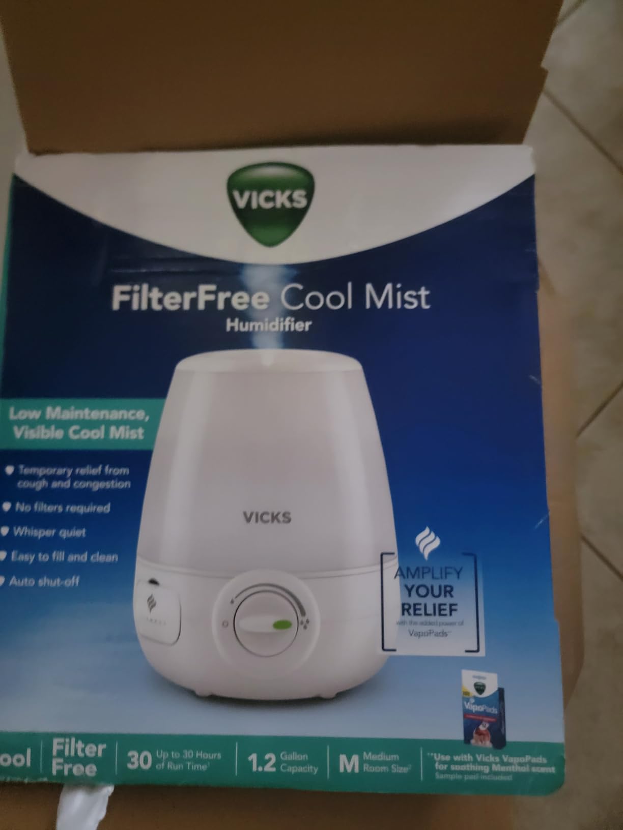 Vicks Filter-Free Ultrasonic Humidifier, Recommended by Pediatricians, 1.2 Gal Ultrasonic Cool Mist Humidifiers for Bedrooms & Kids Rooms, Works with Vicks VapoPads customer photo 2