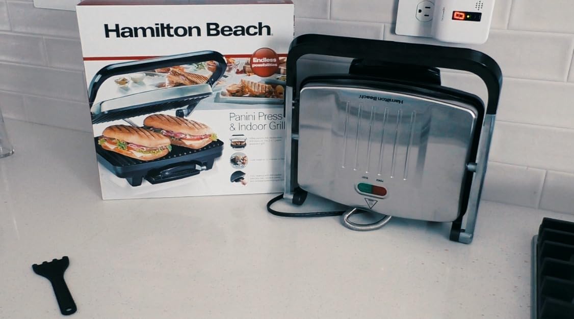 Hamilton Beach Panini Press Sandwich Maker & Electric Indoor Grill with Locking Lid, Opens Wide to Fit Any Thickness for Quesadillas, Burgers & More, Nonstick 8
