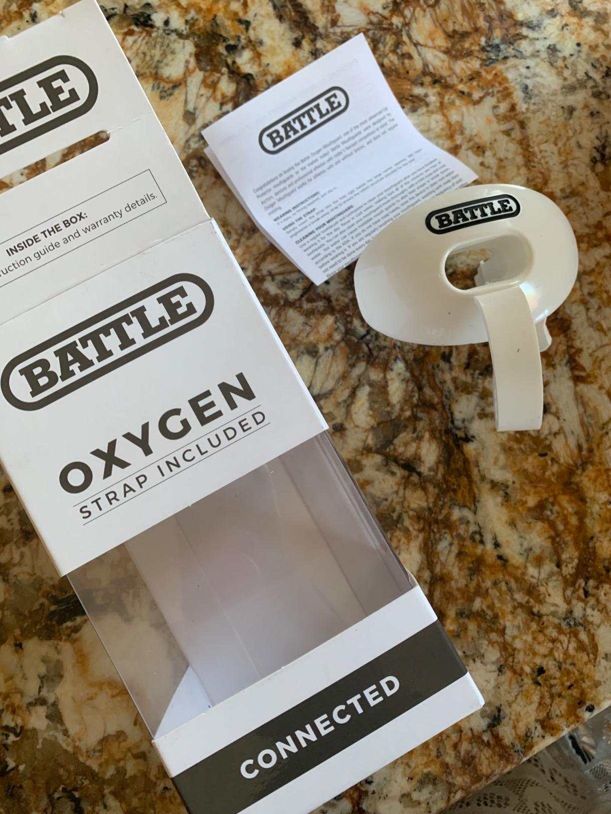 Battle Oxygen Lip Protector Mouth Guard with Connected Strap, Football and Sports Gear, Maximum Oxygen Supply, Mouthpiece Fits With or Without Braces - One Size, White customer photo 1