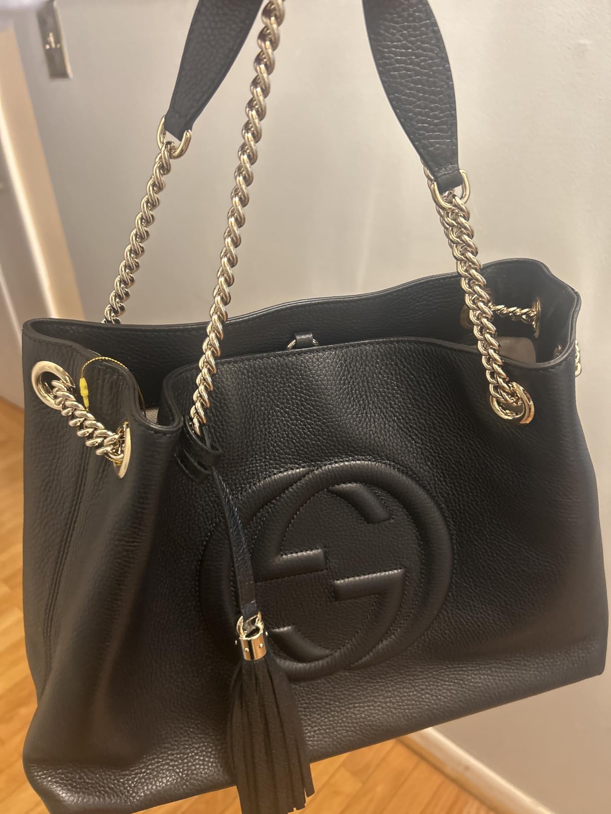 Gucci Soho Medium Black Double Leather Chain Shoulder Bag Tote Black Gold New customer photo 1