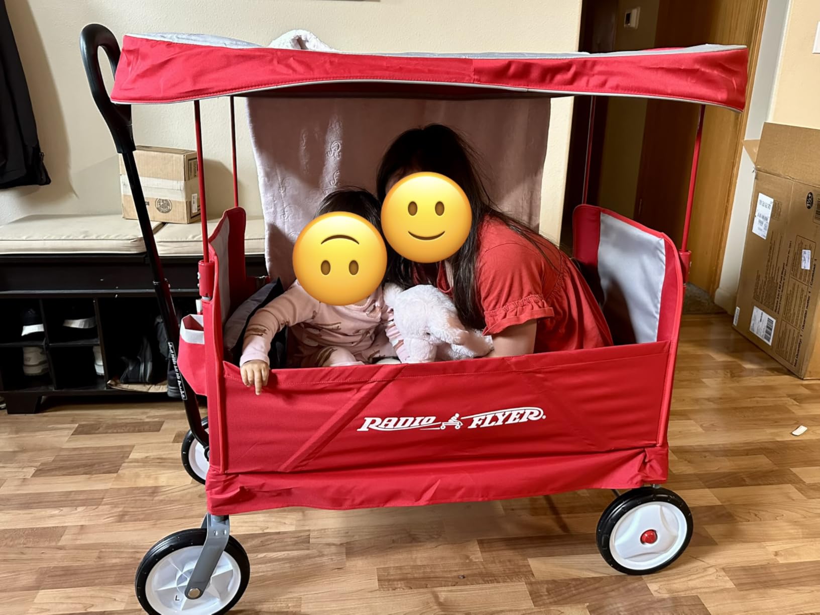 Radio Flyer 3-in-1 EZ Fold Wagon with Canopy, for Kids 1.5+, UV Shade, One-Hand Flat Fold, Seats 2 or Converts to Bench, DuraClean Fabric, Rubber Tires, 150 lb Capacity, Wagon for Kids or Cargo customer photo 1