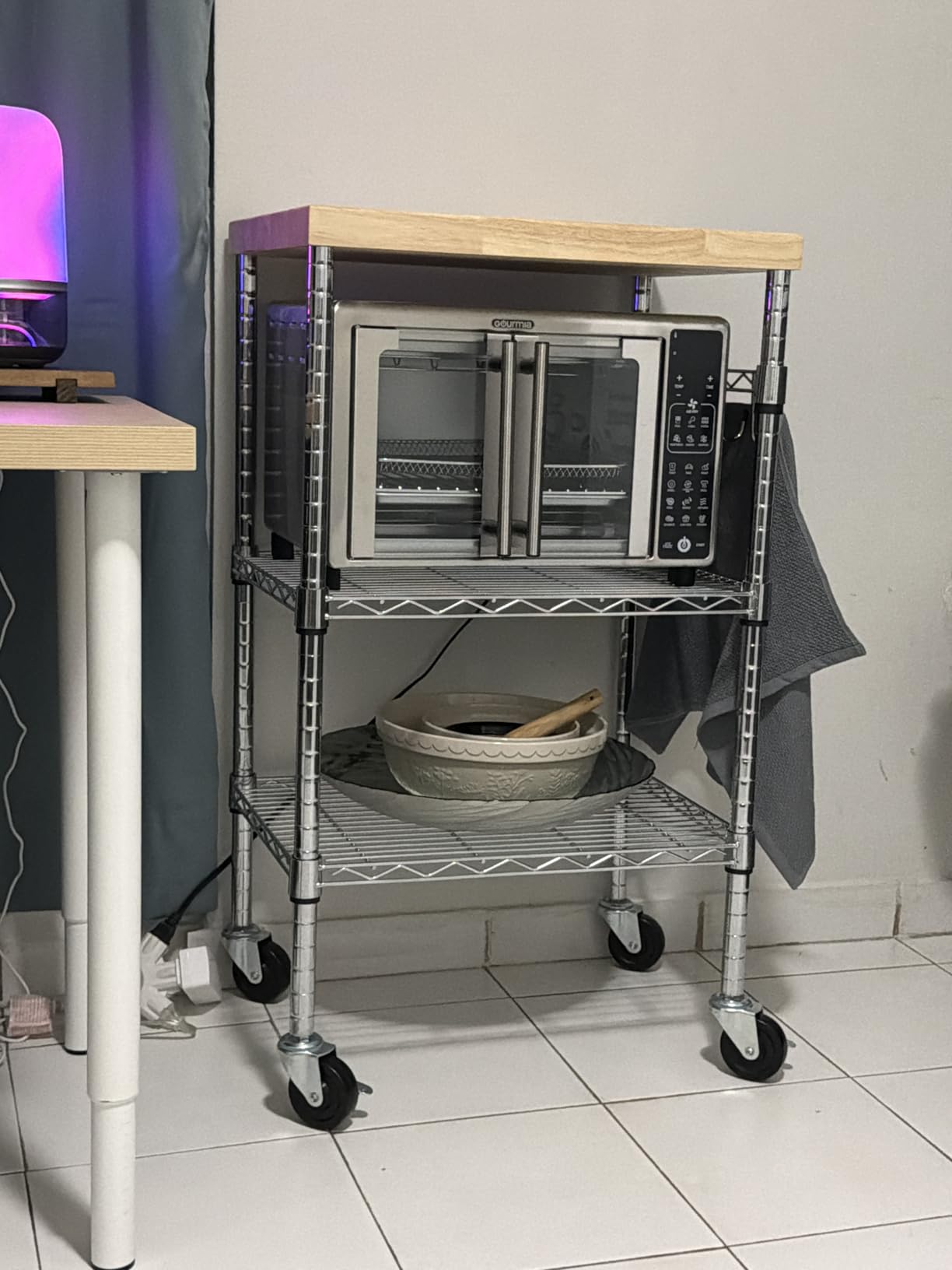 Amazon Basics Portable Kitchen 3-Tier Storage Rack on Caster Wheels with Adjustable 2 Shelves, 175 Pound Capacity, Wood/Chrome customer photo 2