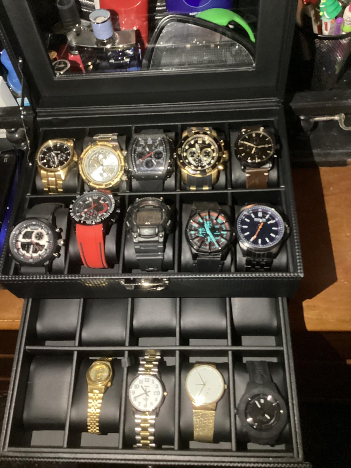 BEWISHOME Watch Case, 20-Slot Watch Box Organizer for Men with Large Glass Lid, Removable Watch Pillows, Black SSH04B customer photo 1