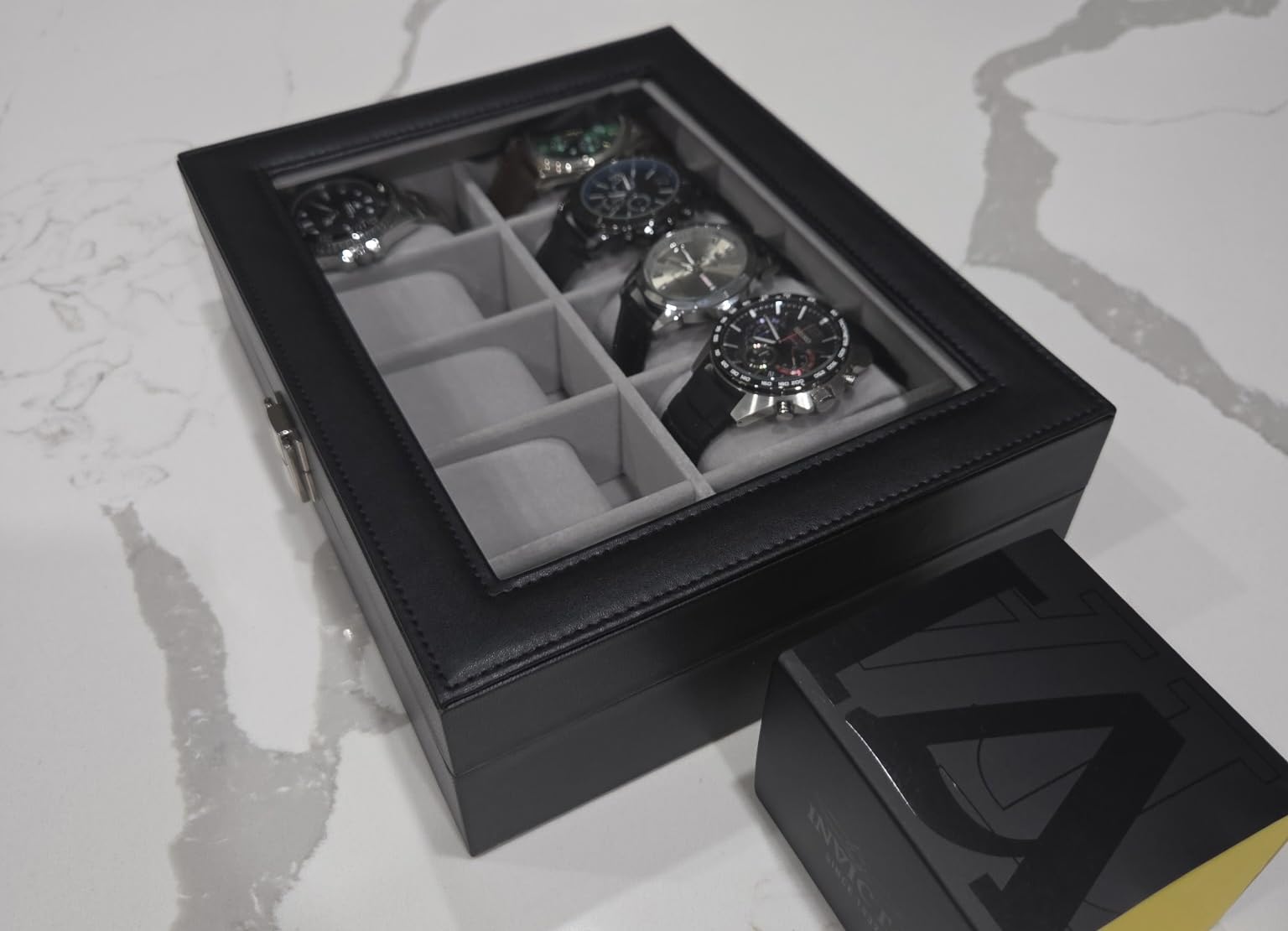 SONGMICS Watch Box, 12-Slot Watch Case Organizer with Large Glass Lid, Removable Pillows, Black Synthetic Leather, Gray Lining customer photo 1