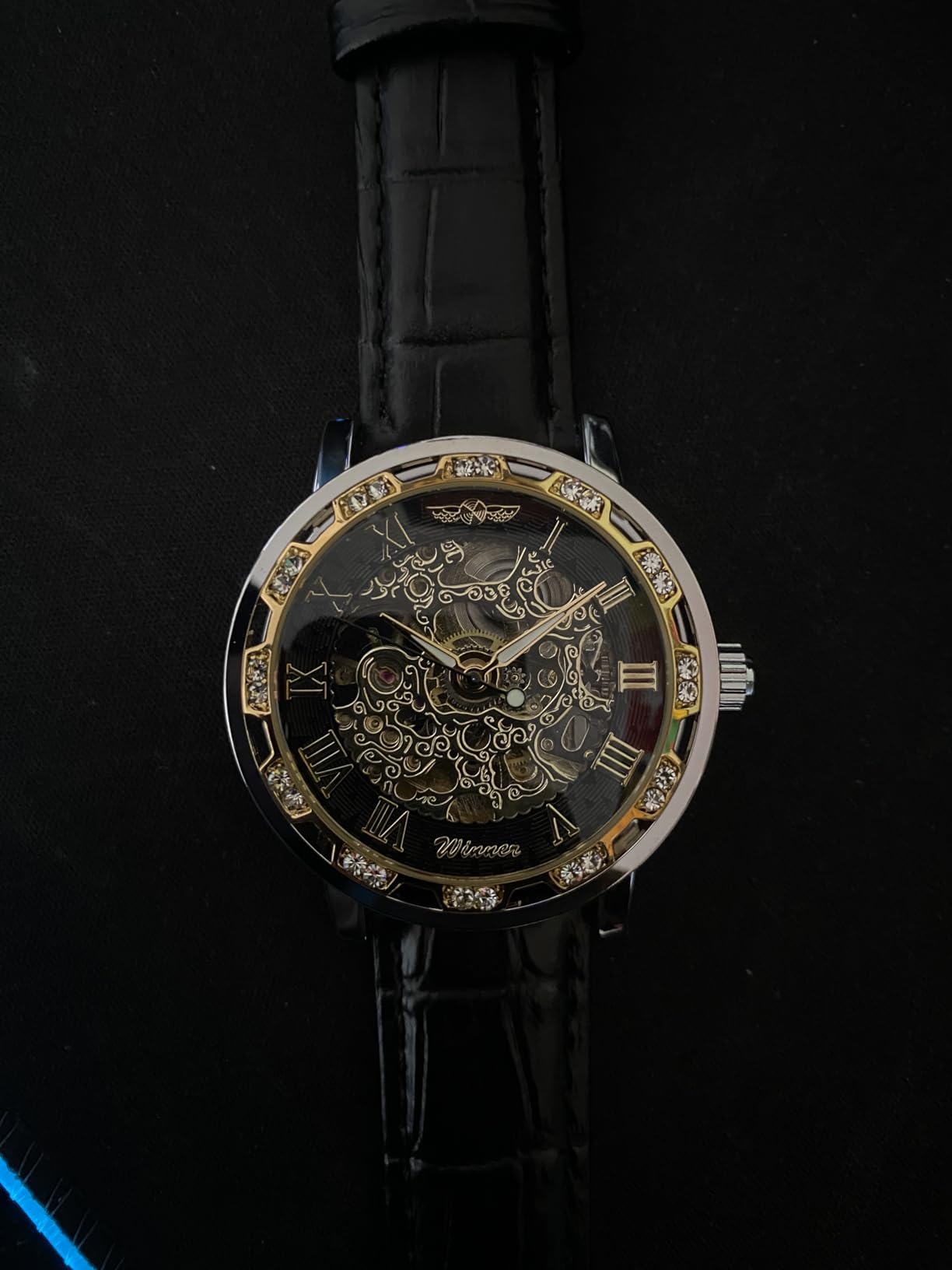 Winner Retro Manual Mechanical Skeleton Watch with Diamond and Carving Flower Craft Men Skeleton Wrist Watch Mechanical Classic Roman Number customer photo 2