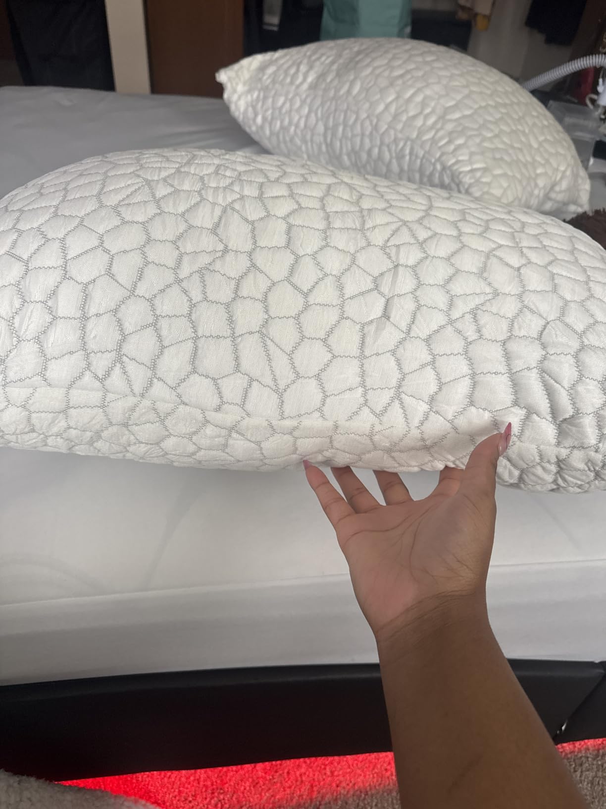 QUTOOL Cooling Pillow for Sleeping, CertiPUR-US Shredded Memory Foam Queen Pillows Set of 2, Cool Pillow for Hot Sleepers Adjustable Firm Pillow for Side, Back, Stomach Sleepers Soft Yet Support, White customer photo 1