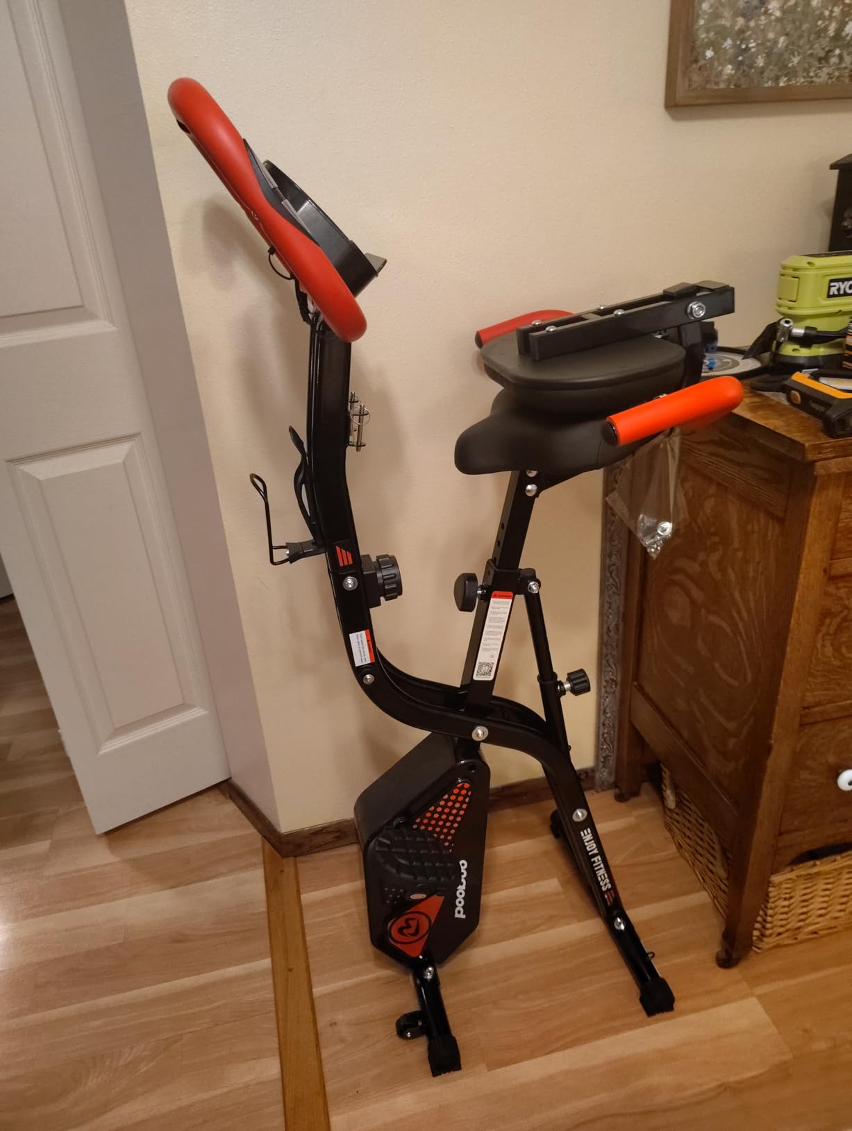 pooboo Folding Exercise Bike, Foldable Upright Stationary Bike, Indoor Cycling Magnetic X-Bike with 8-Level Adjustable Resistance, 6.6 LBS Flywheel, 300LB Capacity, Back Support Cushion for Home Gym customer photo 1
