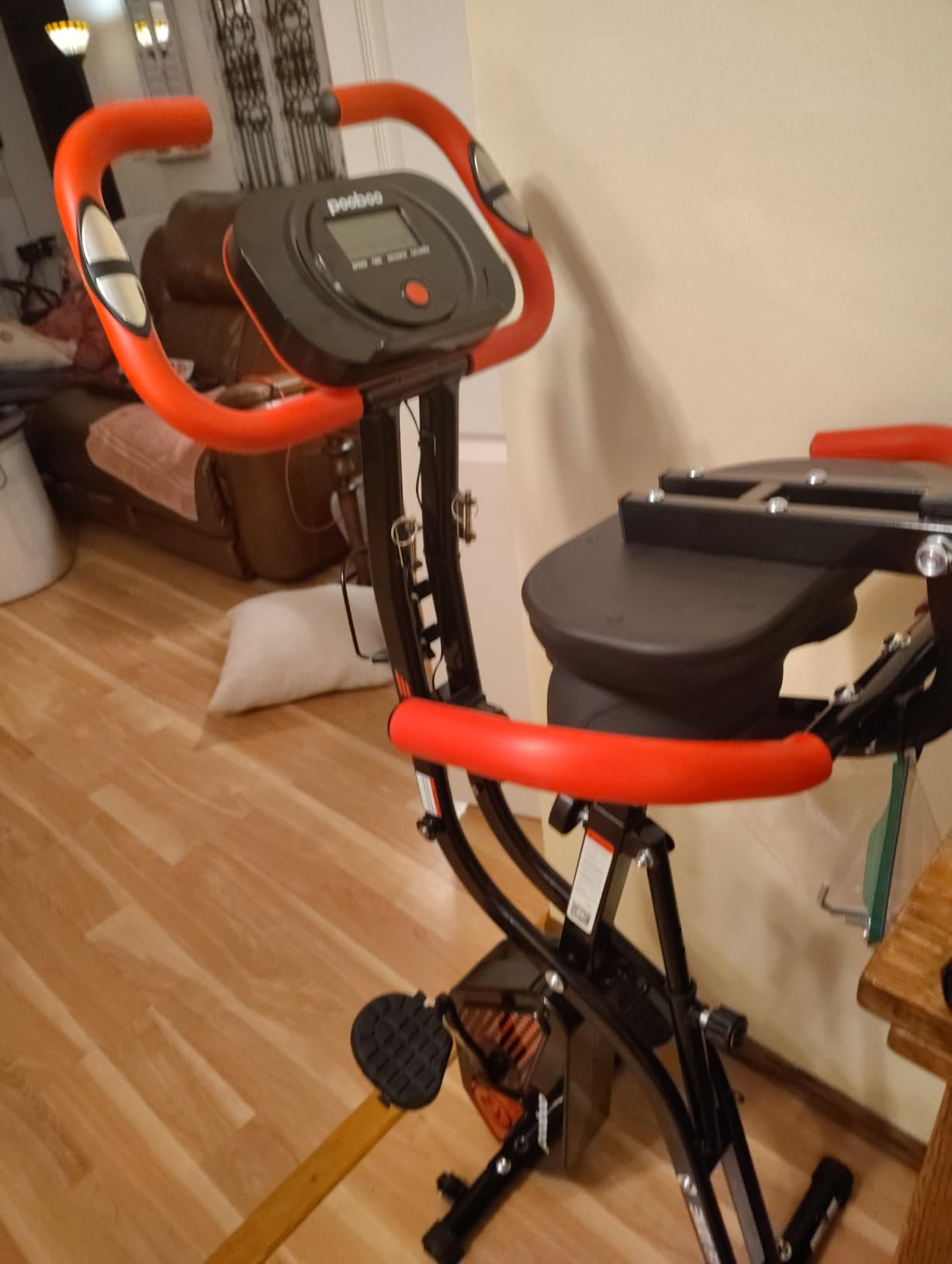 pooboo Folding Exercise Bike, Foldable Upright Stationary Bike, Indoor Cycling Magnetic X-Bike with 8-Level Adjustable Resistance, 6.6 LBS Flywheel, 300LB Capacity, Back Support Cushion for Home Gym customer photo 2