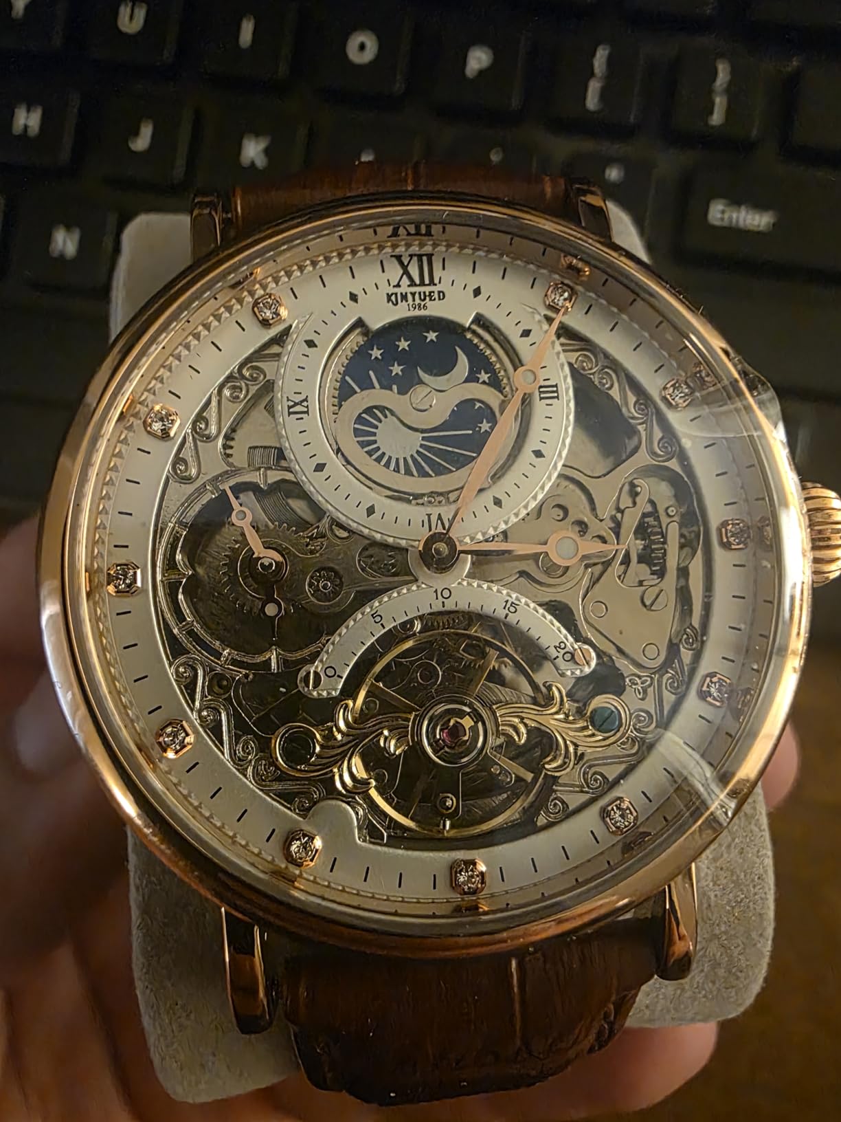 IK COLOURING Bestn Mens Luxury Skeleton Automatic Mechanical Wrist Watches Leather Moon Phrase Luminous Hands Self-Wind Watch customer photo 1
