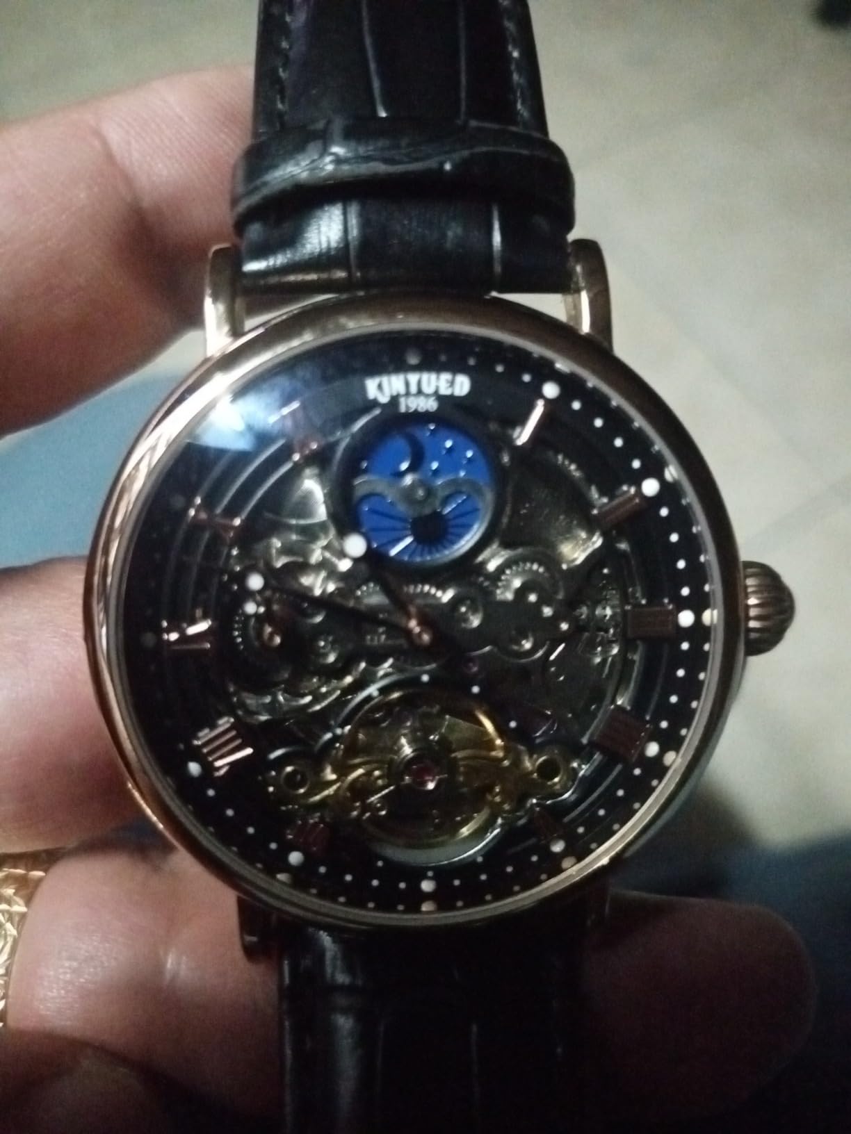 IK COLOURING Bestn Mens Luxury Skeleton Automatic Mechanical Wrist Watches Leather Moon Phrase Luminous Hands Self-Wind Watch customer photo 2