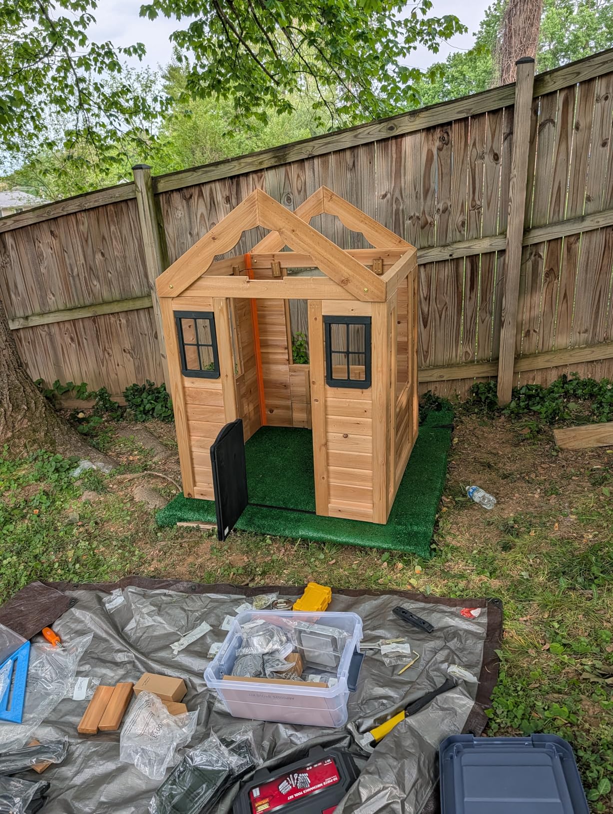 Backyard Discovery Sweetwater Cedar Wooden Kids Playhouse Cottage with Play Kitchen, Snack Bar, Half Door, Toy Phone, Windows, Flowerpot Holders, and Working Doorbell for Outdoor Imaginative Play customer photo 1