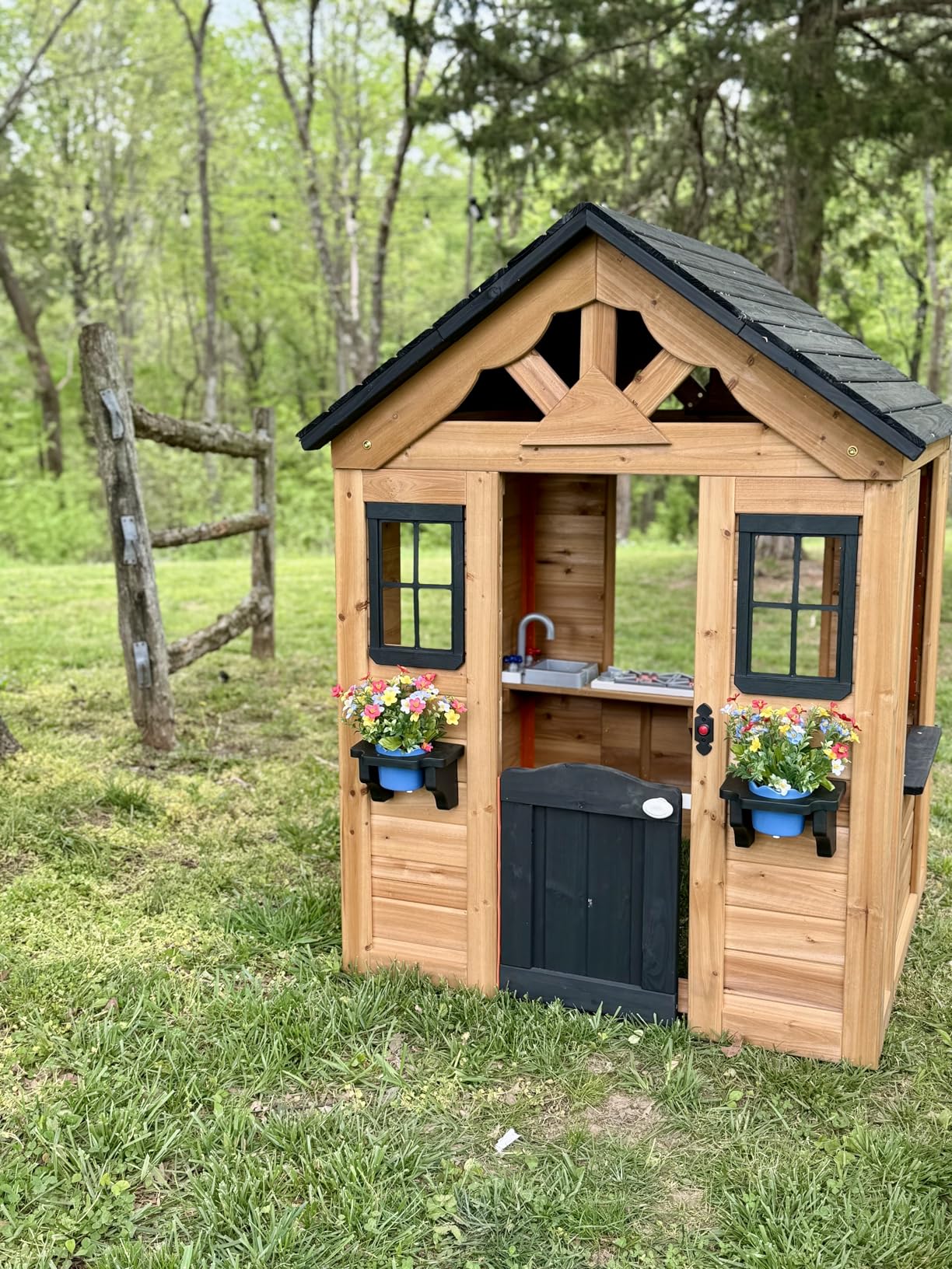 Backyard Discovery Sweetwater Cedar Wooden Kids Playhouse Cottage with Play Kitchen, Snack Bar, Half Door, Toy Phone, Windows, Flowerpot Holders, and Working Doorbell for Outdoor Imaginative Play customer photo 2