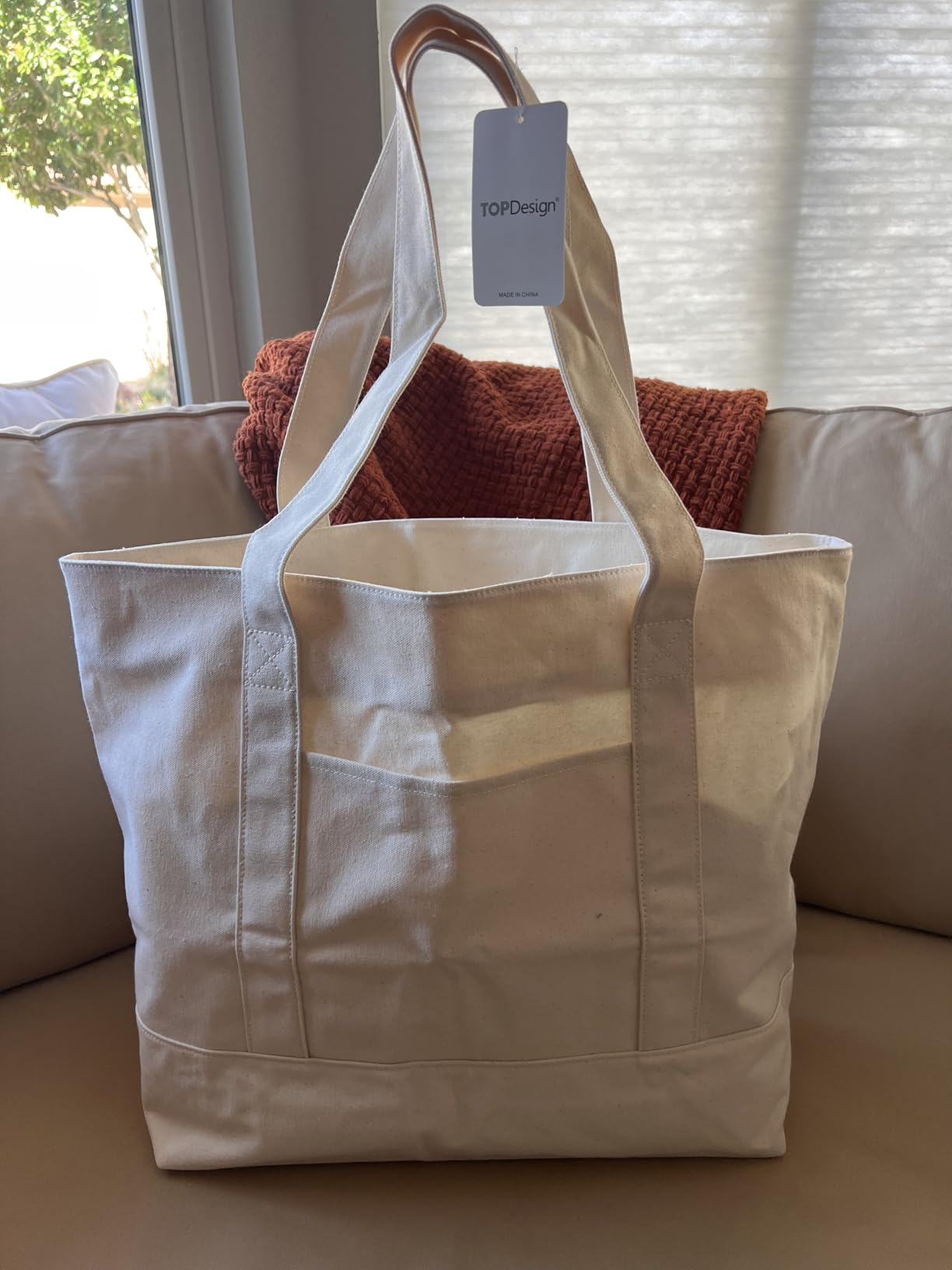TOPDesign Canvas Tote Bag with External Pocket, Reusable Grocery Shopping Bag, Top Zipper Closure customer photo 1
