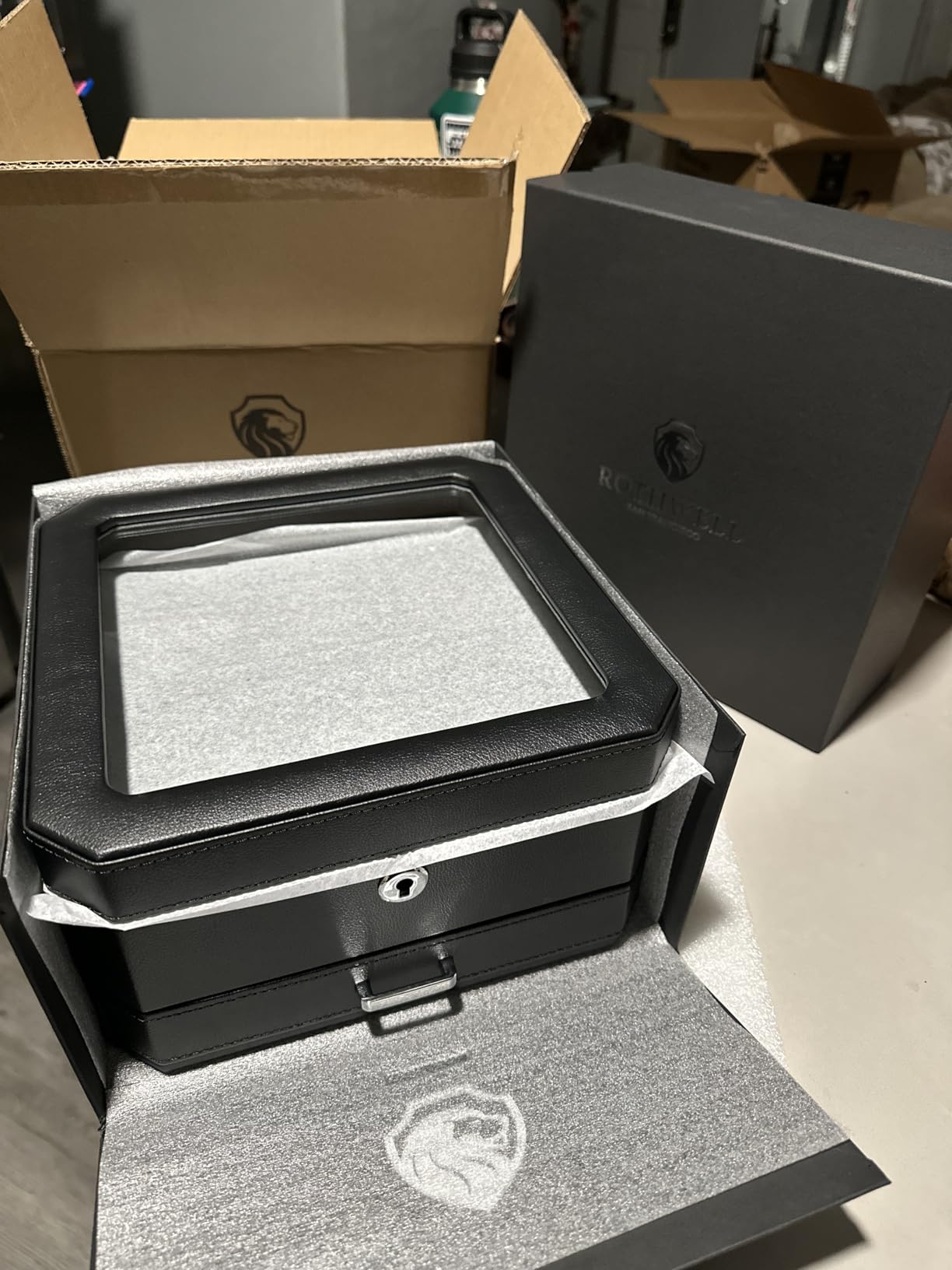 ROTHWELL 6 Slot Leather Watch Box with Valet Drawer - Luxury Case Display Organizer, Microsuede Liner, Locking Mens Jewelry Watches Holder, Large Glass Top customer photo 2