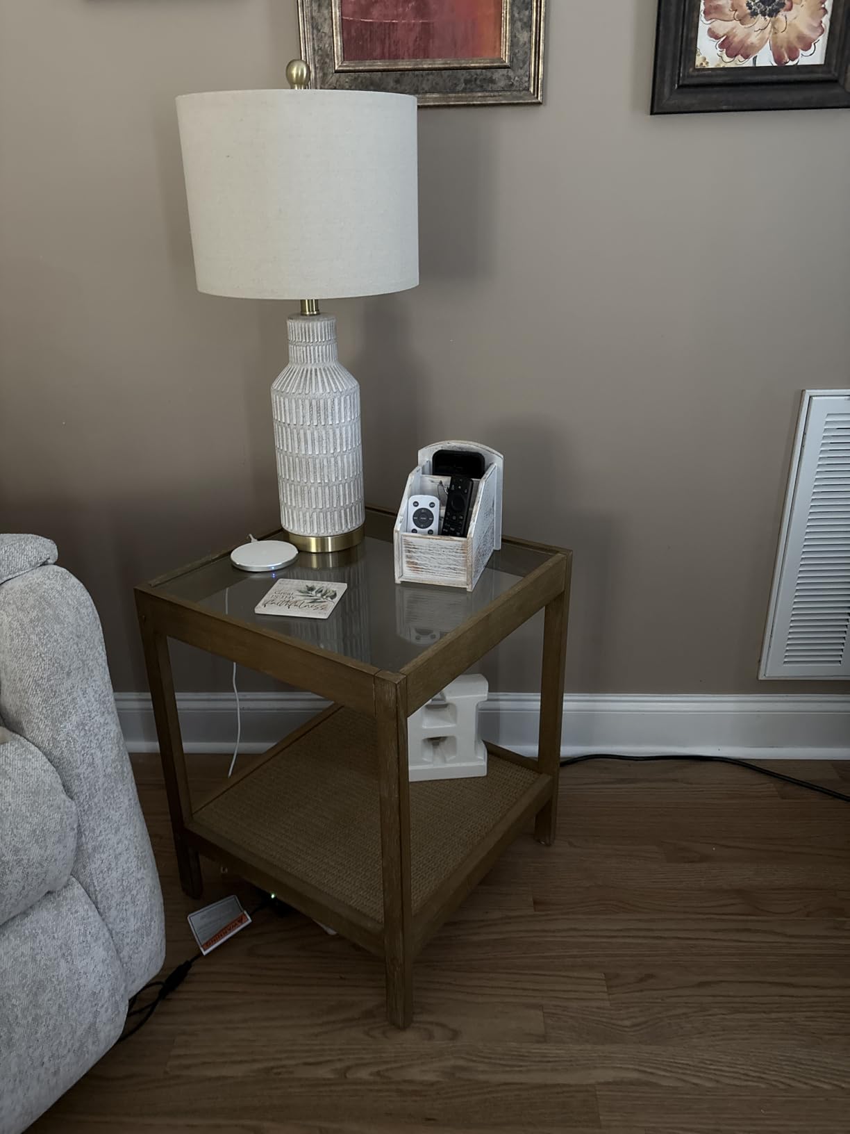 Nathan James 33301 Hayes Solid Wood Nightstand, Bedside, End or Side Table in Light Brown Wood Finish & Glass Top with Open Storage Shelf, 18 in x 18 in x 22 in customer photo 2