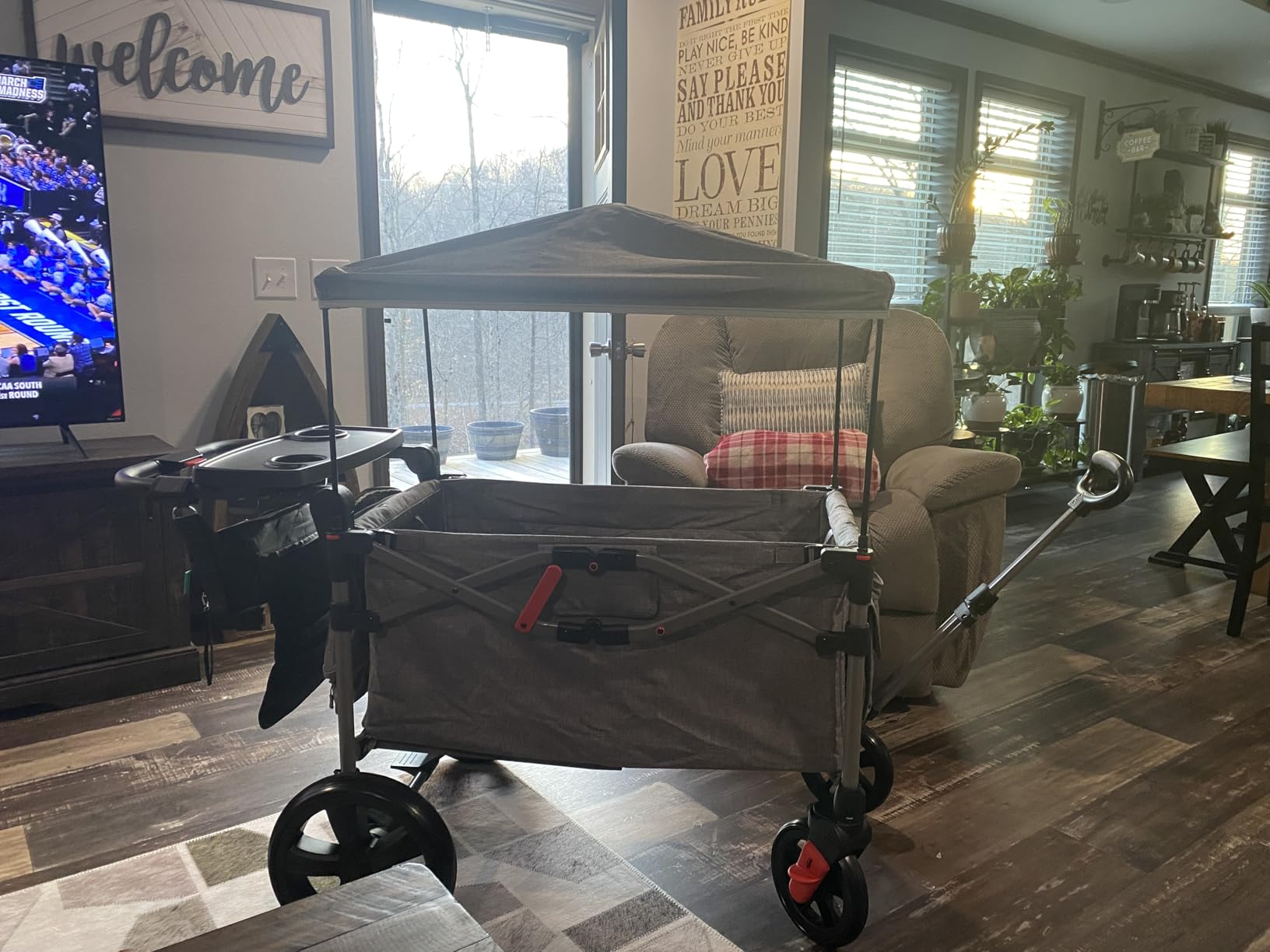 EVER ADVANCED Foldable Wagons for Two Kids & Cargo, Collapsible Folding Stroller with Adjustable Handle Bar, Removable Canopy with 5-Point Harness Gray customer photo 1