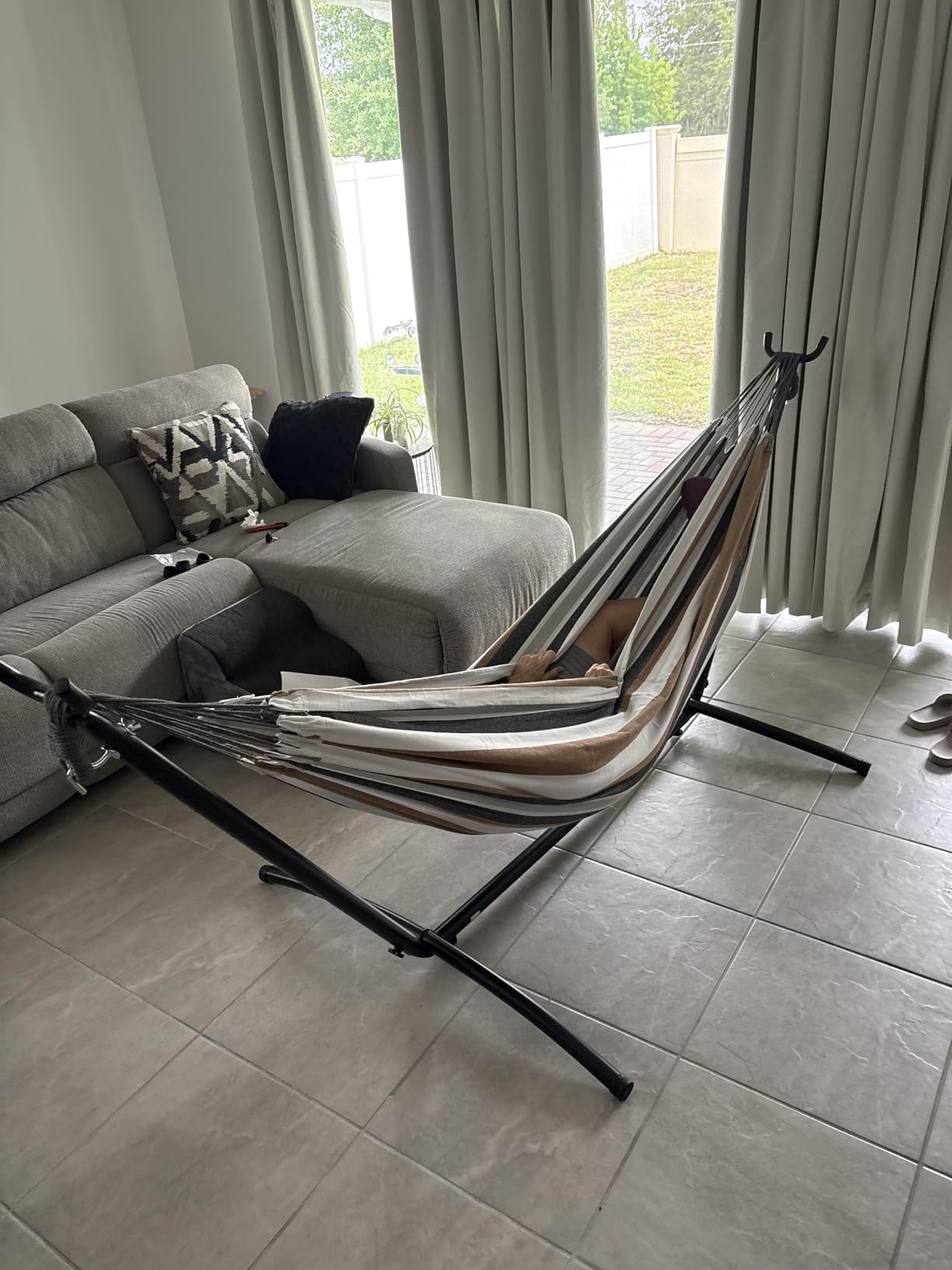 PNAEUT Double Hammocks with Stand for Outside, Portable Space Saving Heavy-Duty Steel Frame for Indoor Outdoor Patio Yard, Easy Assembly, 2 Person 450 lbs Capacity (Coffee) customer photo 2